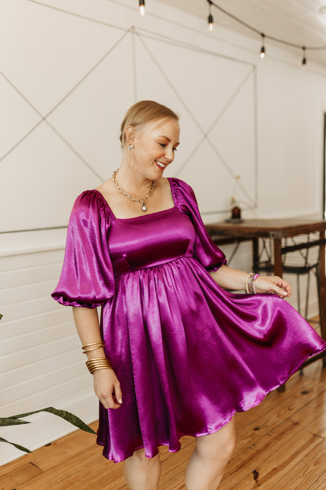 Feeling Fine Satin Babydoll Dress with 3/4 Sleeves in Magenta Feeling Fine Satin Babydoll Dress with 3/4 Sleeves in Magenta