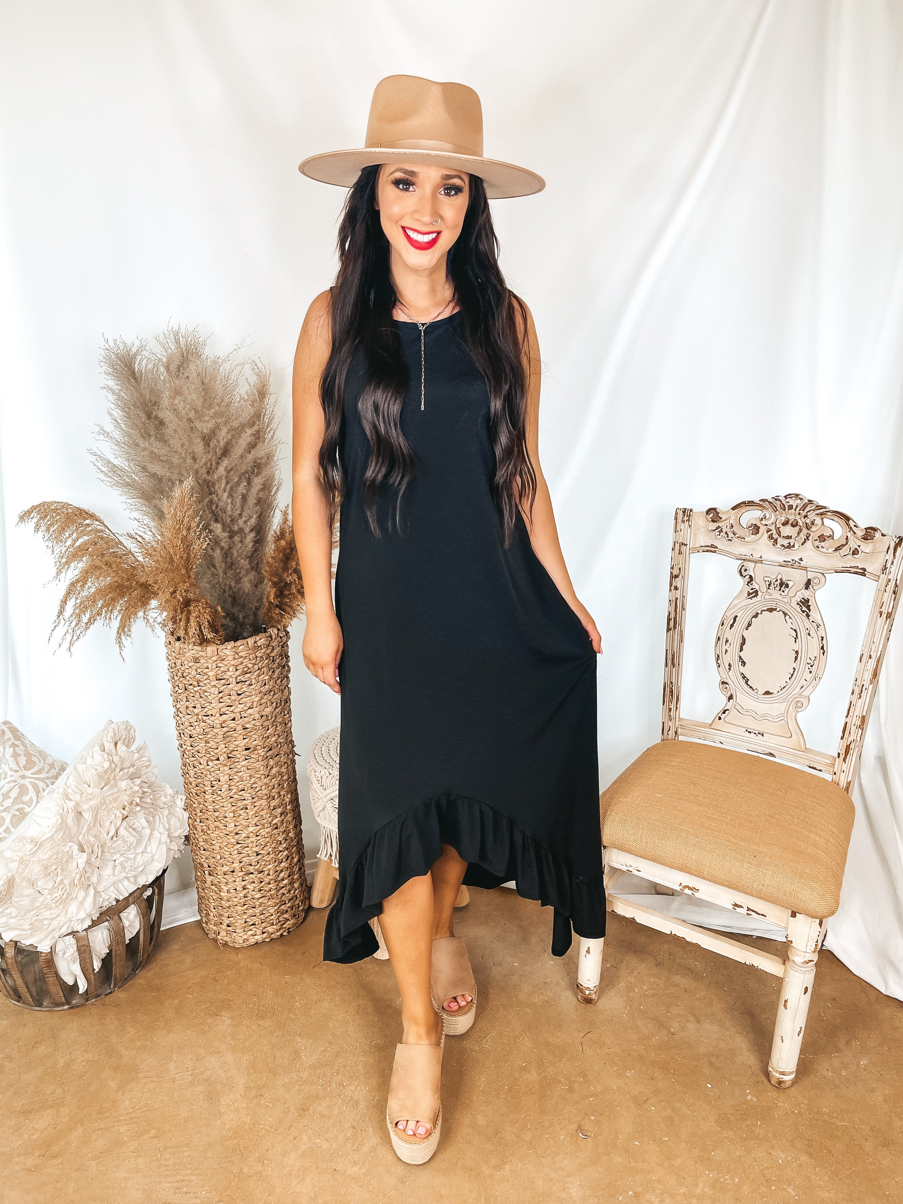 Make It Good High Low Tank Top Dress with Ruffle Hem in Black - Giddy Up Glamour Boutique