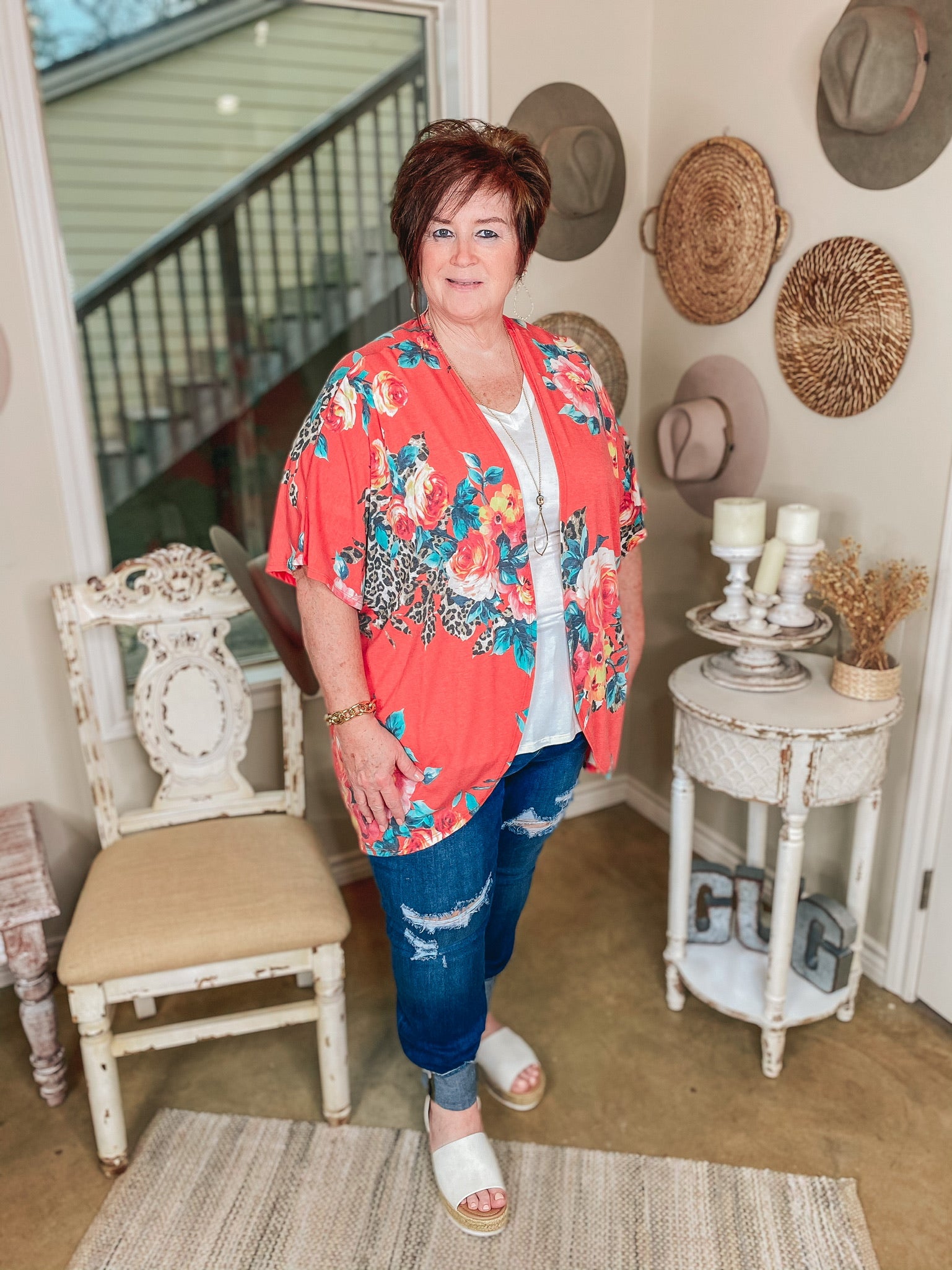 Toes in the Sand Leopard and Floral Print Kimono in Coral - Giddy Up Glamour Boutique