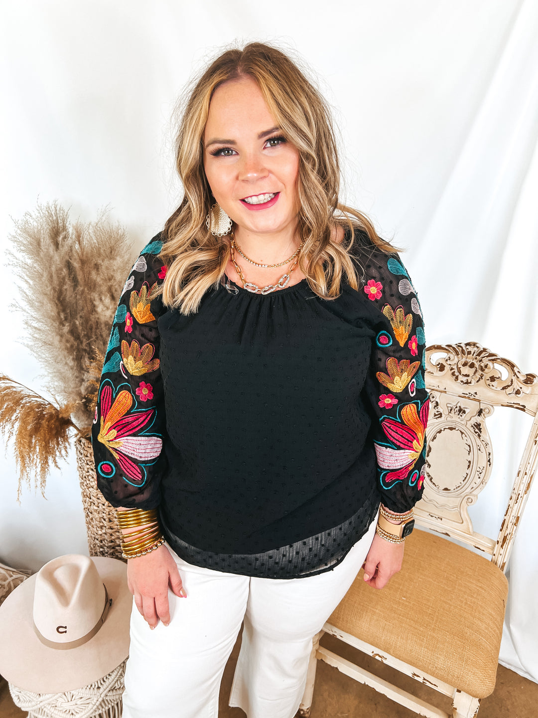 Right About You Floral Embroidered 3/4 Sleeve Top in Black - Giddy Up Glamour Boutique