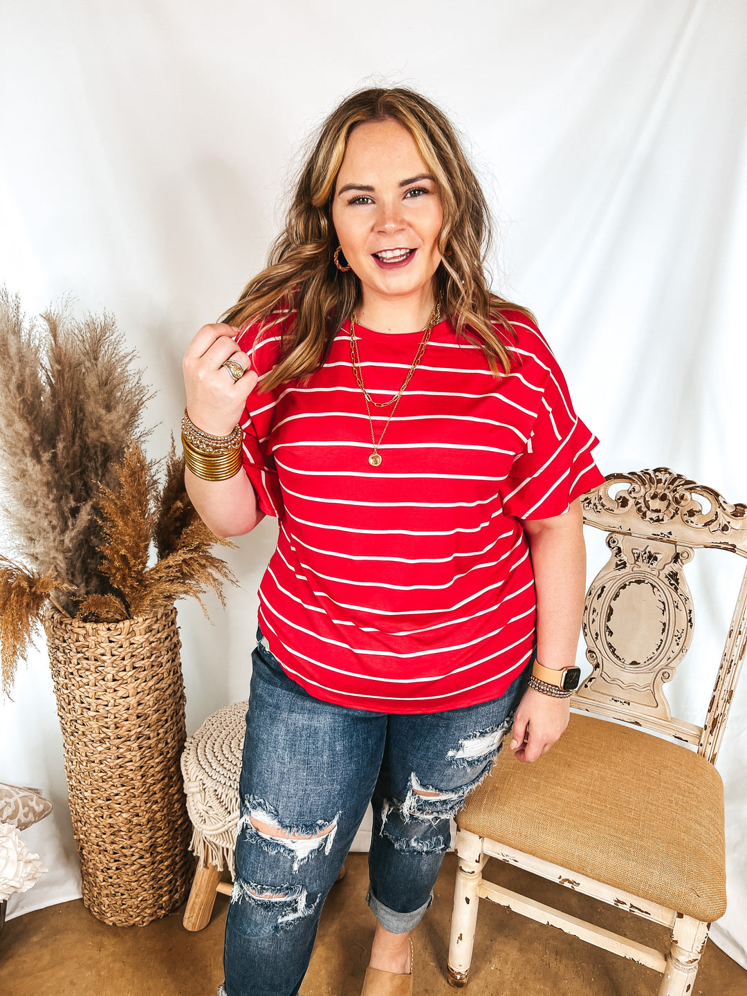 Set The Standard Striped Top with Short Ruffle Sleeves in Red - Giddy Up Glamour Boutique
