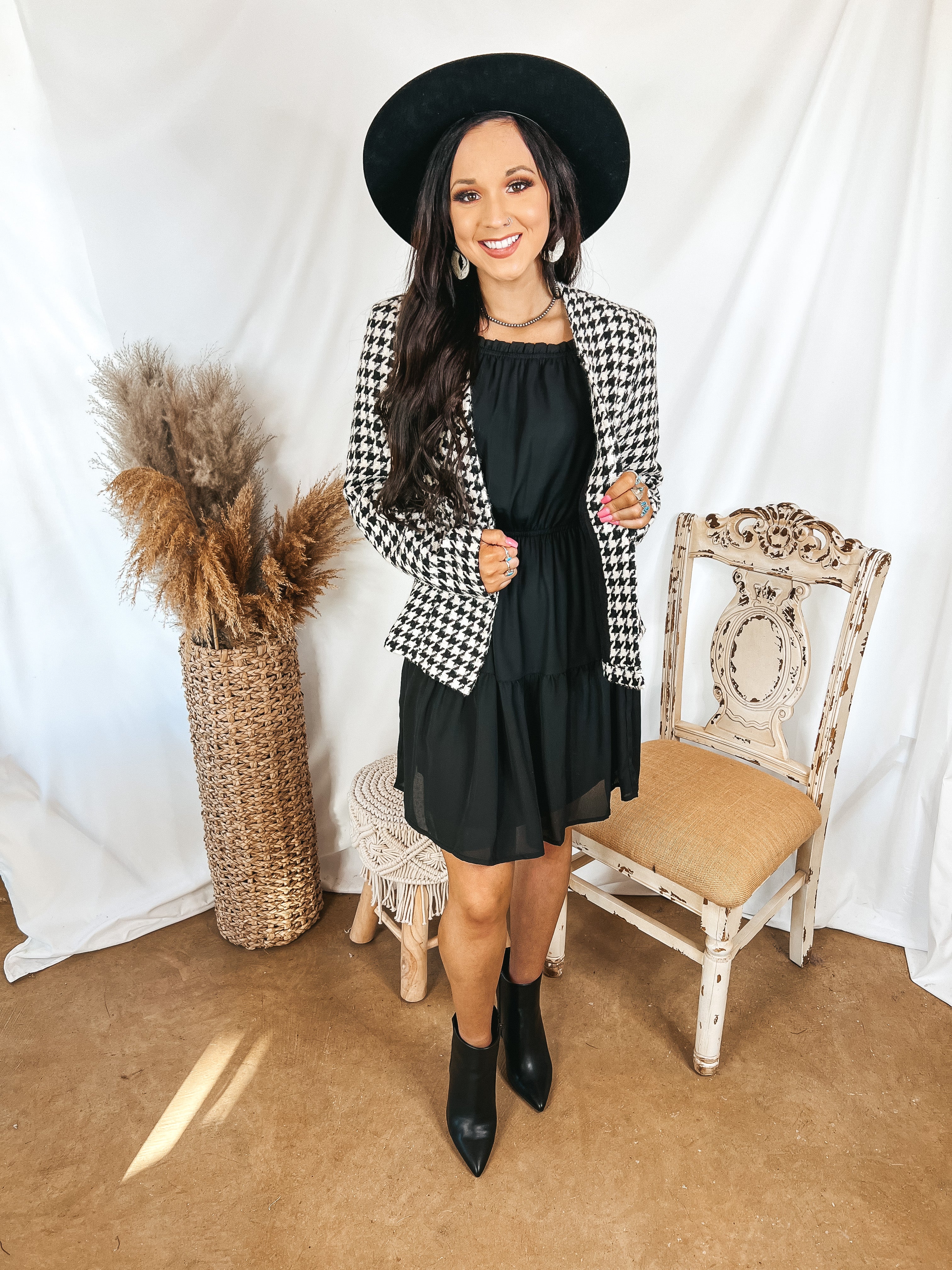 Busy In the City Houndstooth Tweed Blazer in Ivory and Black - Giddy Up Glamour Boutique