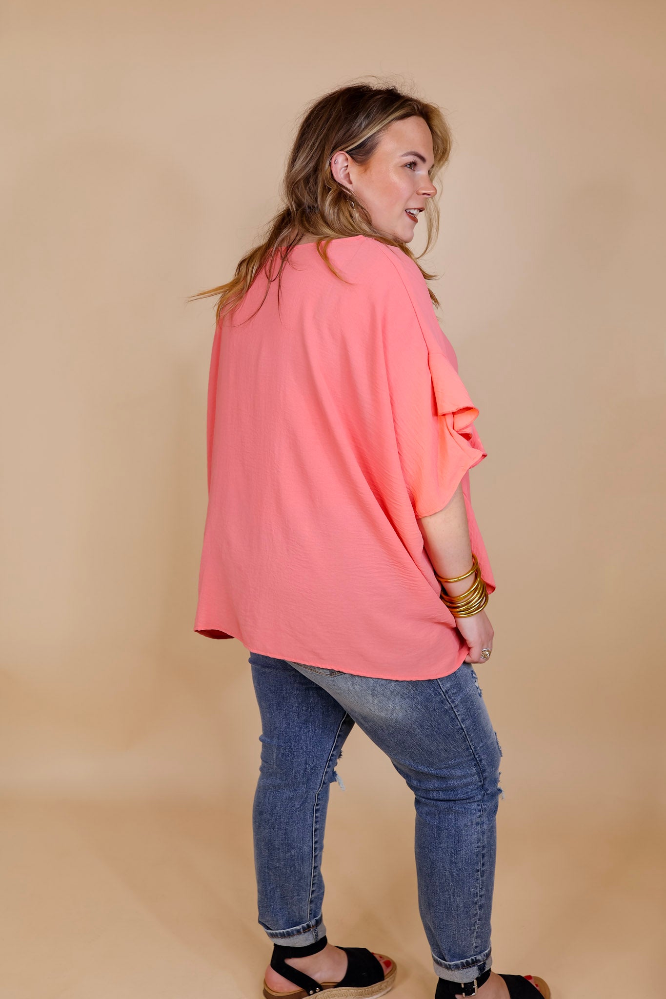 Sip of Spring Ruffle Sleeve Shift Top with V Neckline in Coral Orange - Giddy Up Glamour Boutique