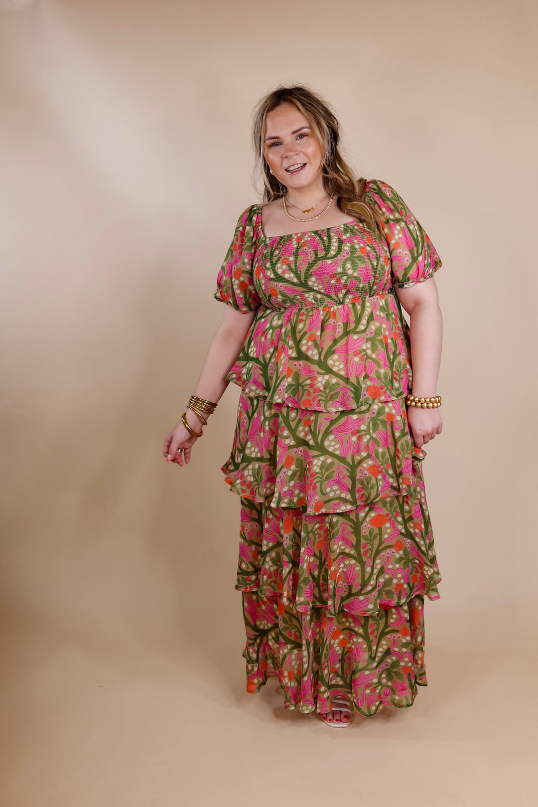Fun Feeling Floral Tiered Maxi Dress with Smocked Balloon Sleeves in Green Mix - Giddy Up Glamour Boutique