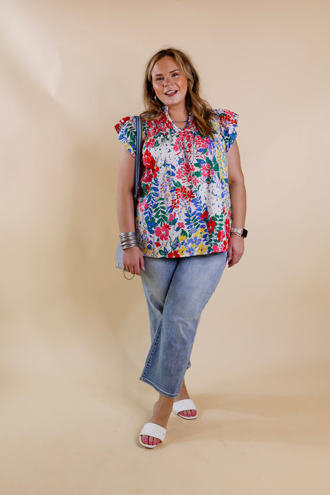 Lovely Line Up Floral Print with Ruffle Cap Sleeves in Ivory Mix - Giddy Up Glamour Boutique