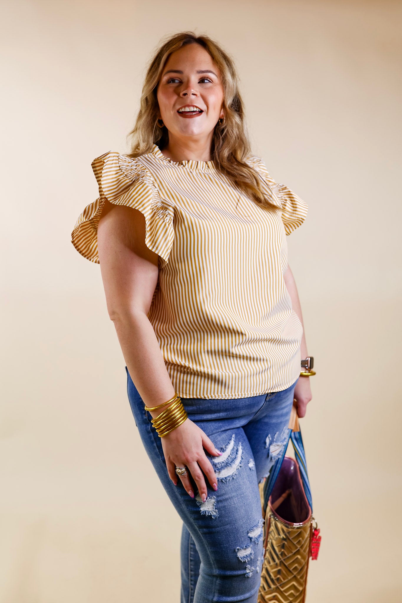 On A Break Ruffle Cap Sleeve Pin Stripe Top in Mustard Yellow and Ivory - Giddy Up Glamour Boutique