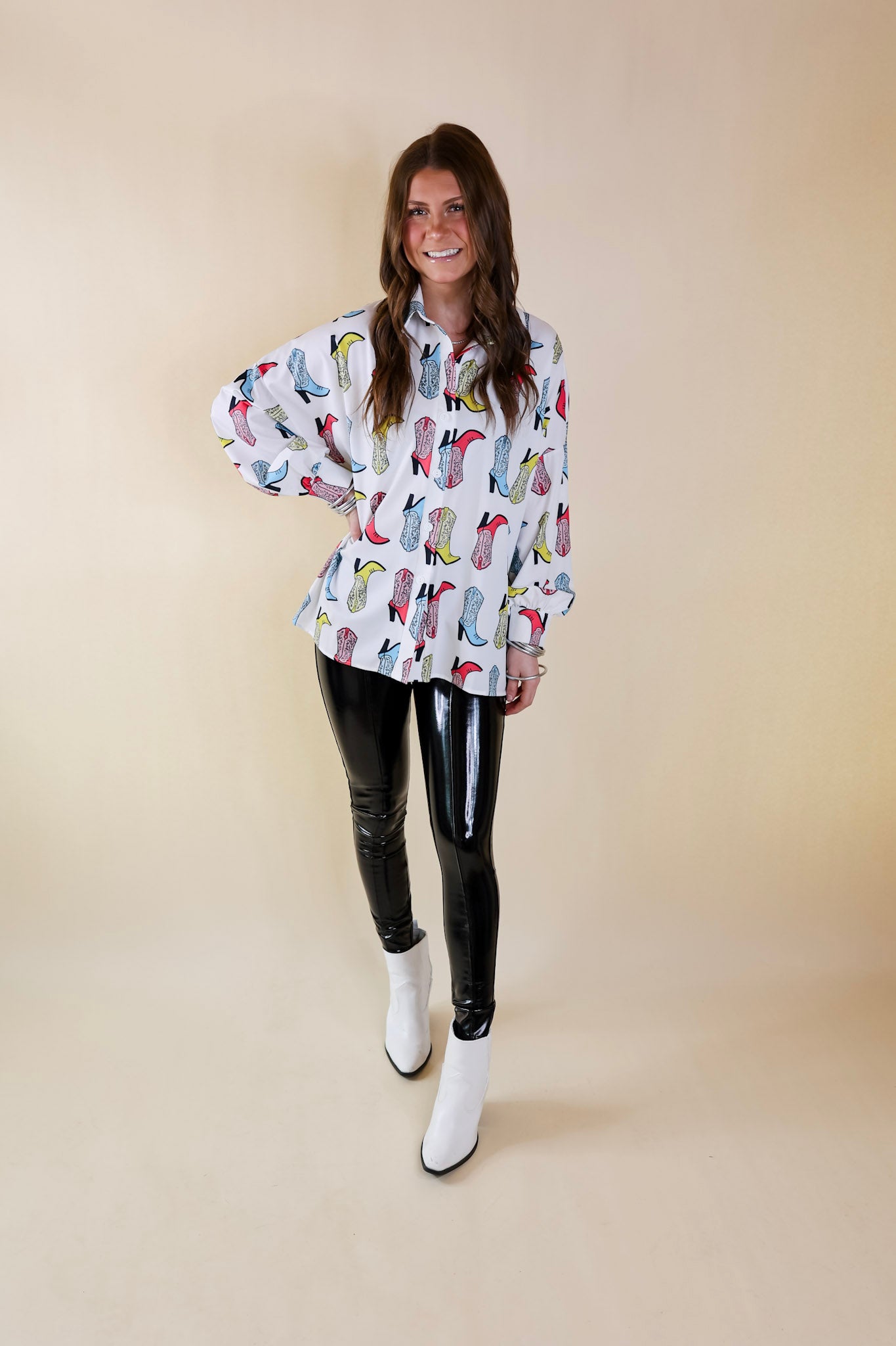 The Cowgirl Way Button Up Multi Color Cowgirl Boot Top in White - Giddy Up Glamour Boutique