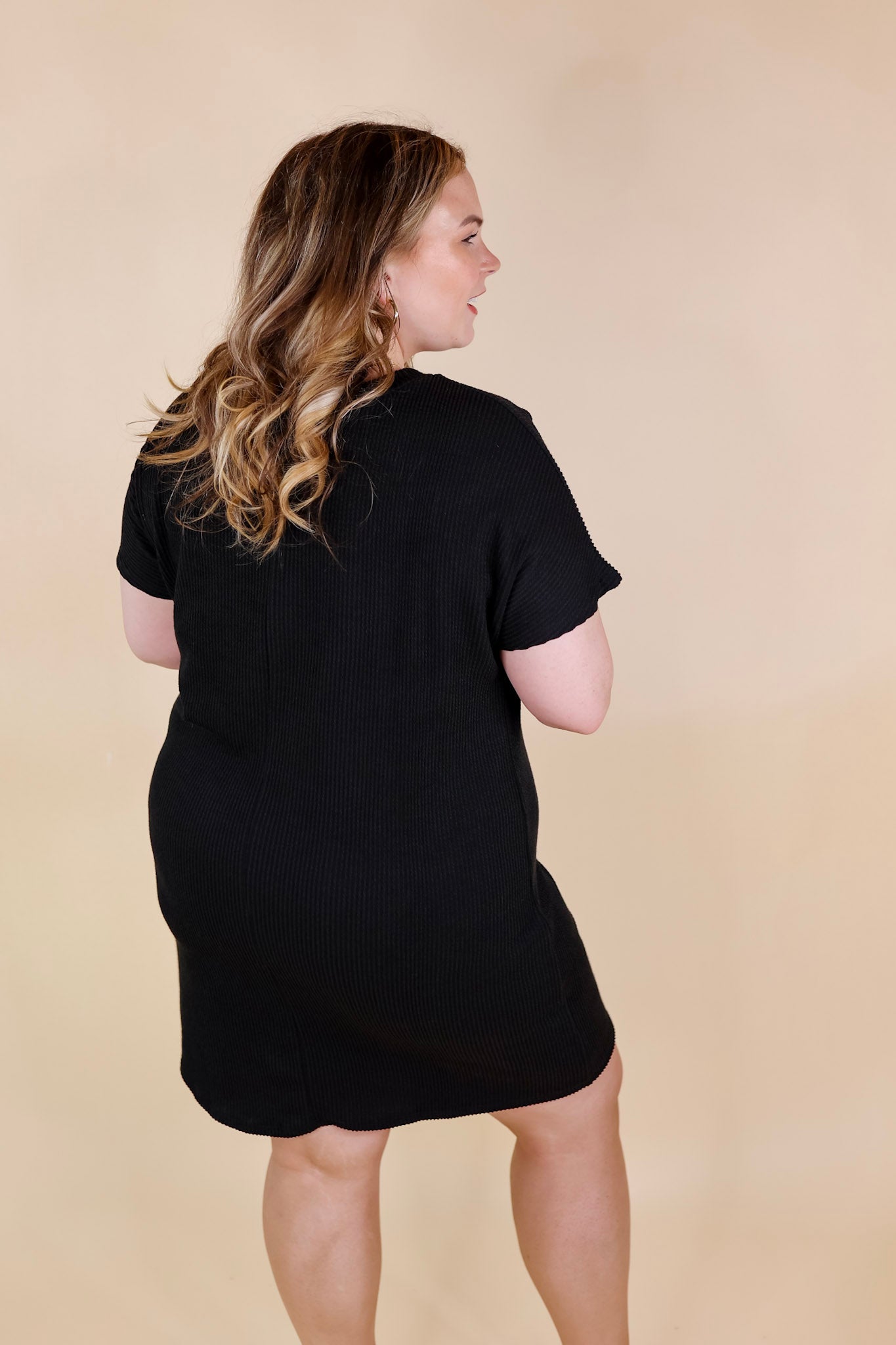 Coffee and Carefree Ribbed Short Sleeve Dress with Front Pocket in Black - Giddy Up Glamour Boutique