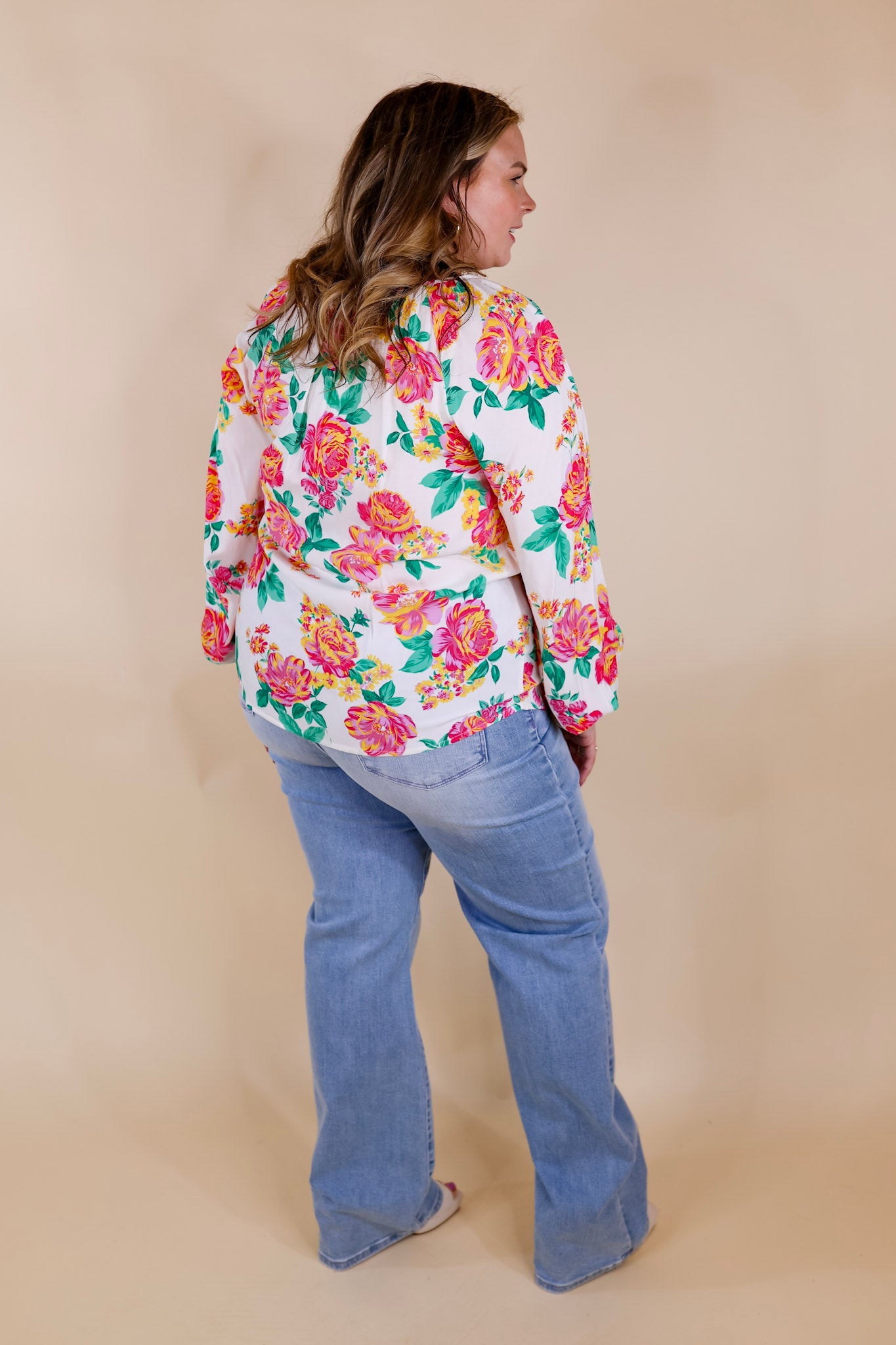 Follow Your Happiness Notched V Neck Floral Top with Long Sleeves in White - Giddy Up Glamour Boutique