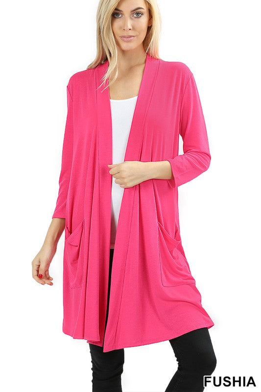 SLOUCHY POCKET OPEN CARDIGAN in FUCHSIA - Giddy Up Glamour Boutique