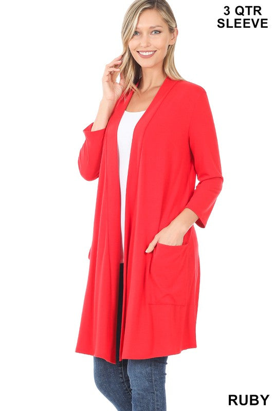 SLOUCHY POCKET OPEN CARDIGAN in RED - Giddy Up Glamour Boutique
