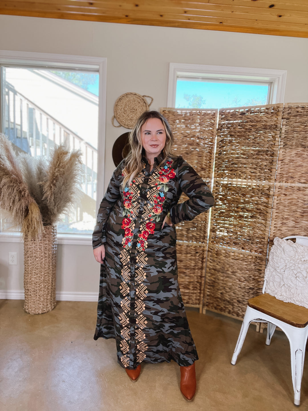 I'm All That Long Camouflage Button Up Dress with Floral Print Embroidery - Giddy Up Glamour Boutique