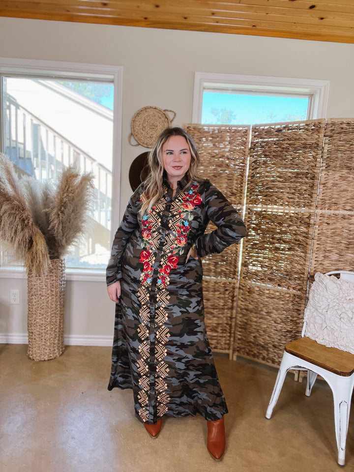 I'm All That Long Camouflage Button Up Dress with Floral Print Embroidery - Giddy Up Glamour Boutique