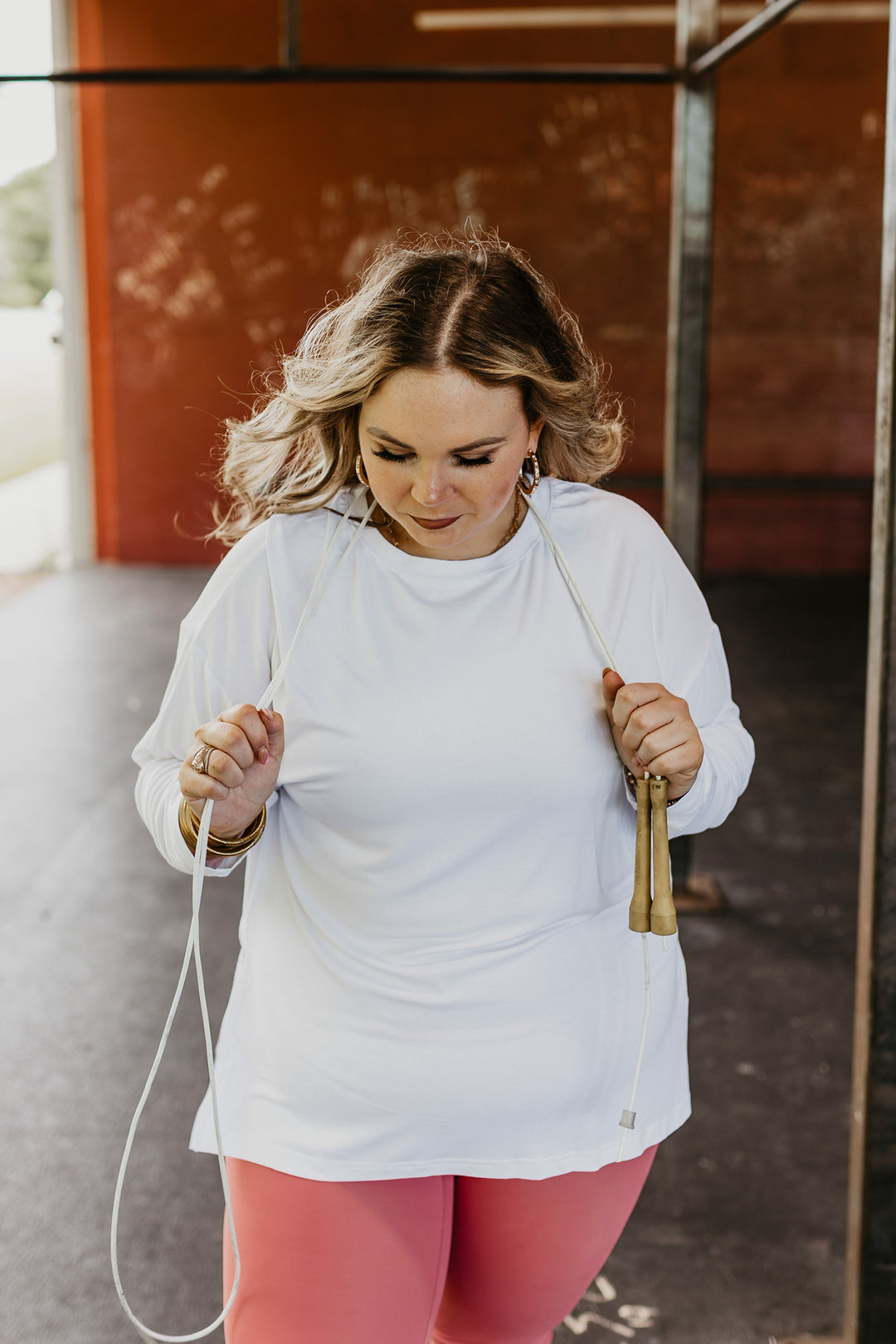 Don't Do Cardio Long Sleeve Top with Side Slits in Off White - Giddy Up Glamour Boutique