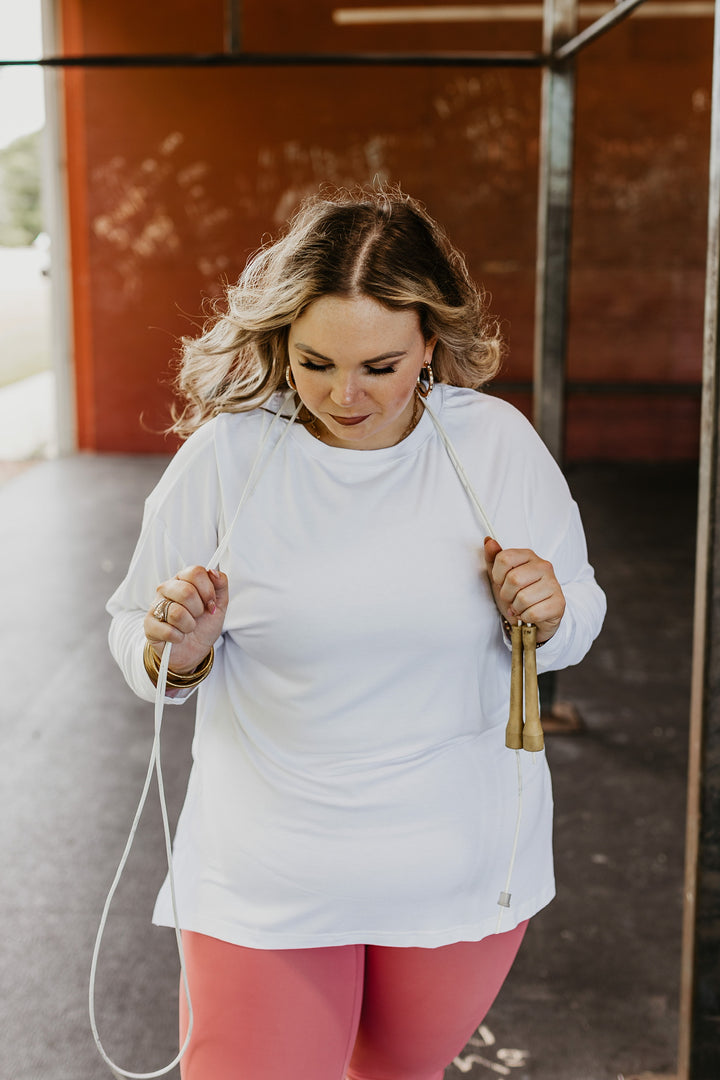 Don't Do Cardio Long Sleeve Top with Side Slits in Off White - Giddy Up Glamour Boutique