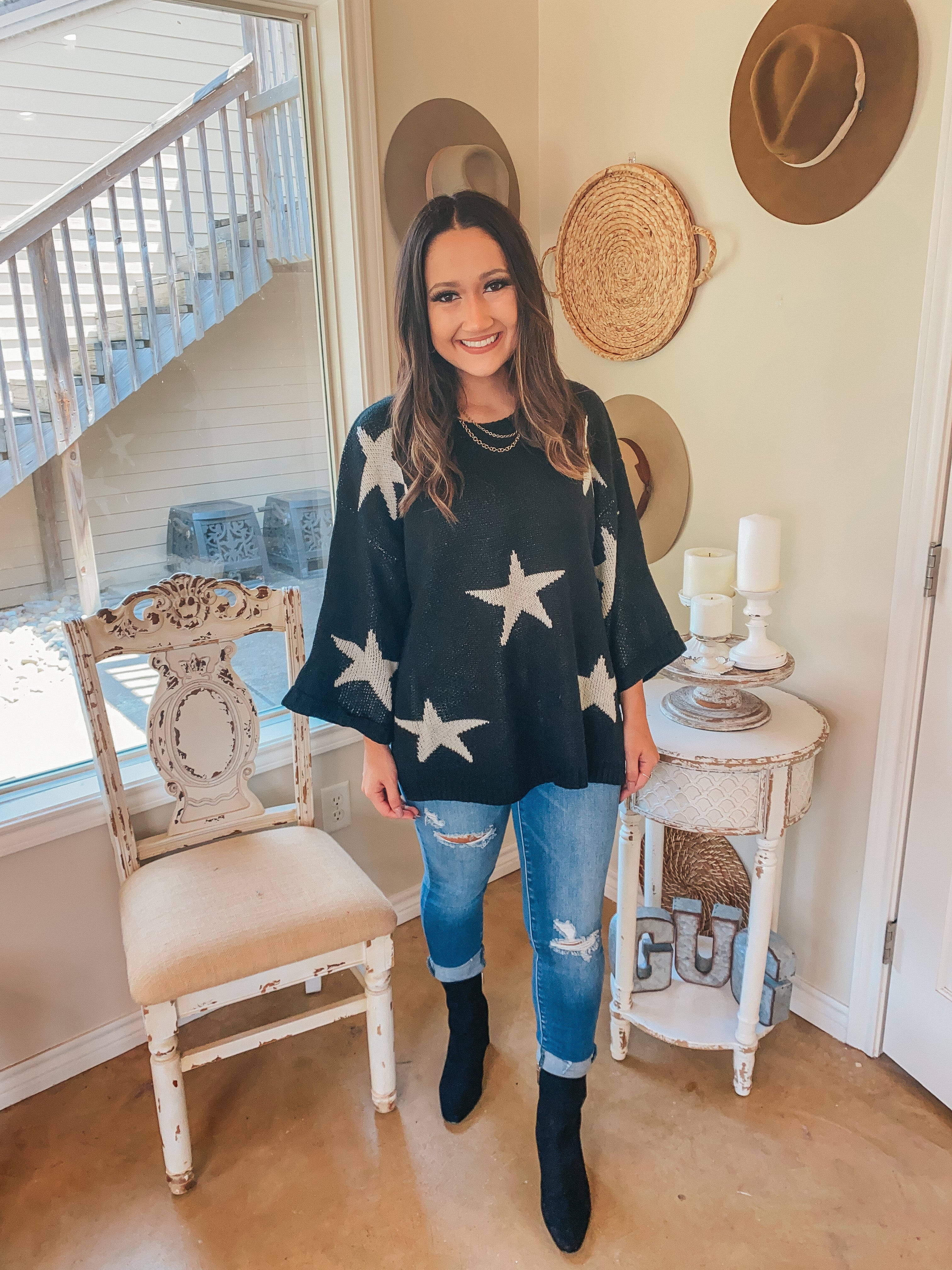 Brightest Dreams Star Print Oversized Sweater in Black - Giddy Up Glamour Boutique