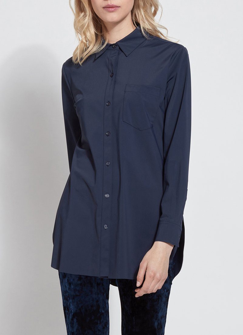 Online Exclusive | Lysse Schiffer Button Down Dress Shirt in Twilight (Navy Blue) - Giddy Up Glamour Boutique