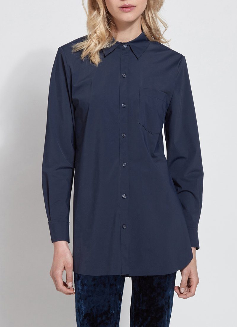 Online Exclusive | Lysse Schiffer Button Down Dress Shirt in Twilight (Navy Blue) - Giddy Up Glamour Boutique