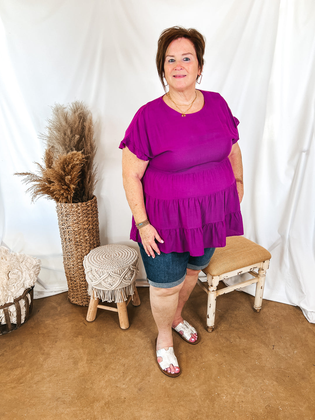 Belong To You Tiered Top with Ruffle Cap Sleeves in Magenta - Giddy Up Glamour Boutique