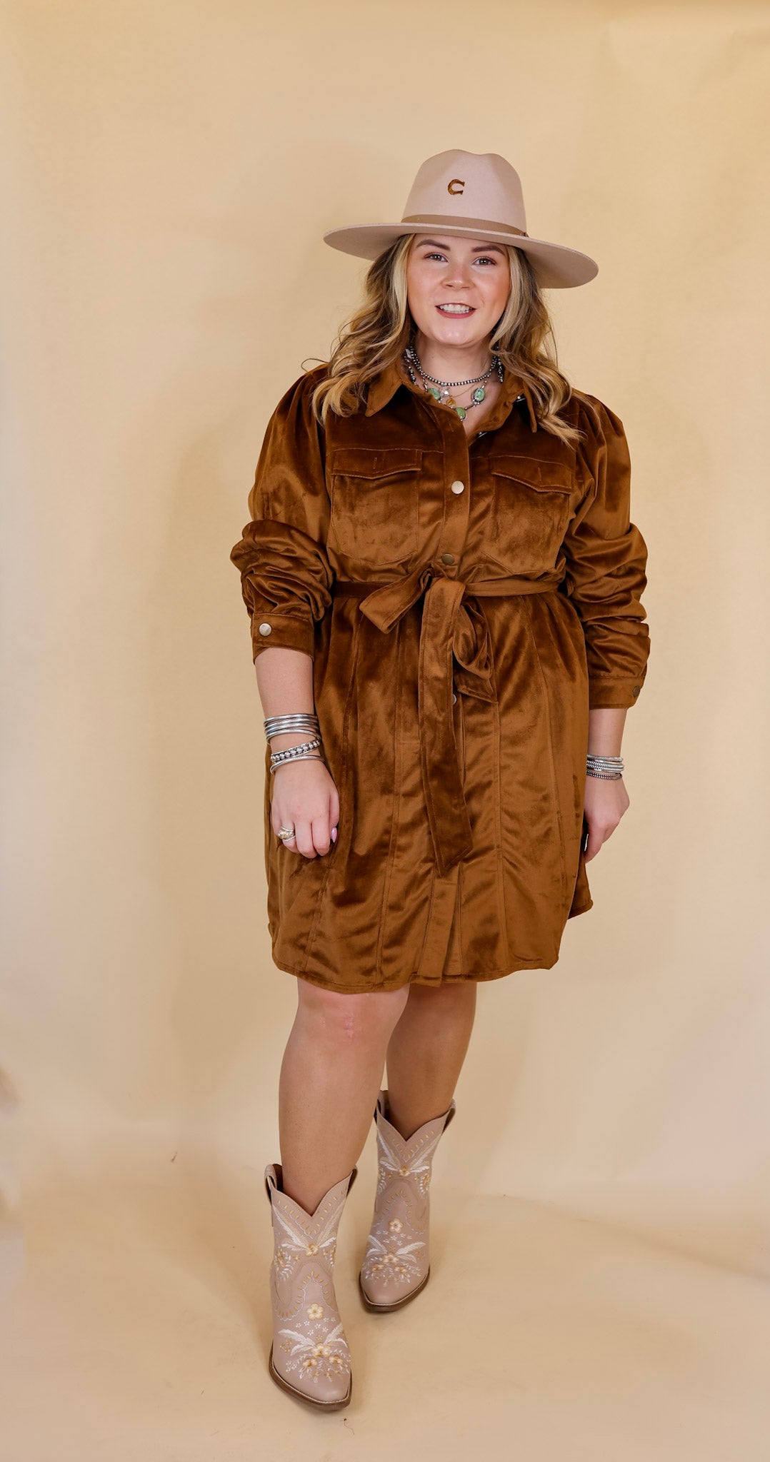 Free And Flirty Suede Button Up Dress with Waist Tie in Brown - Giddy Up Glamour Boutique