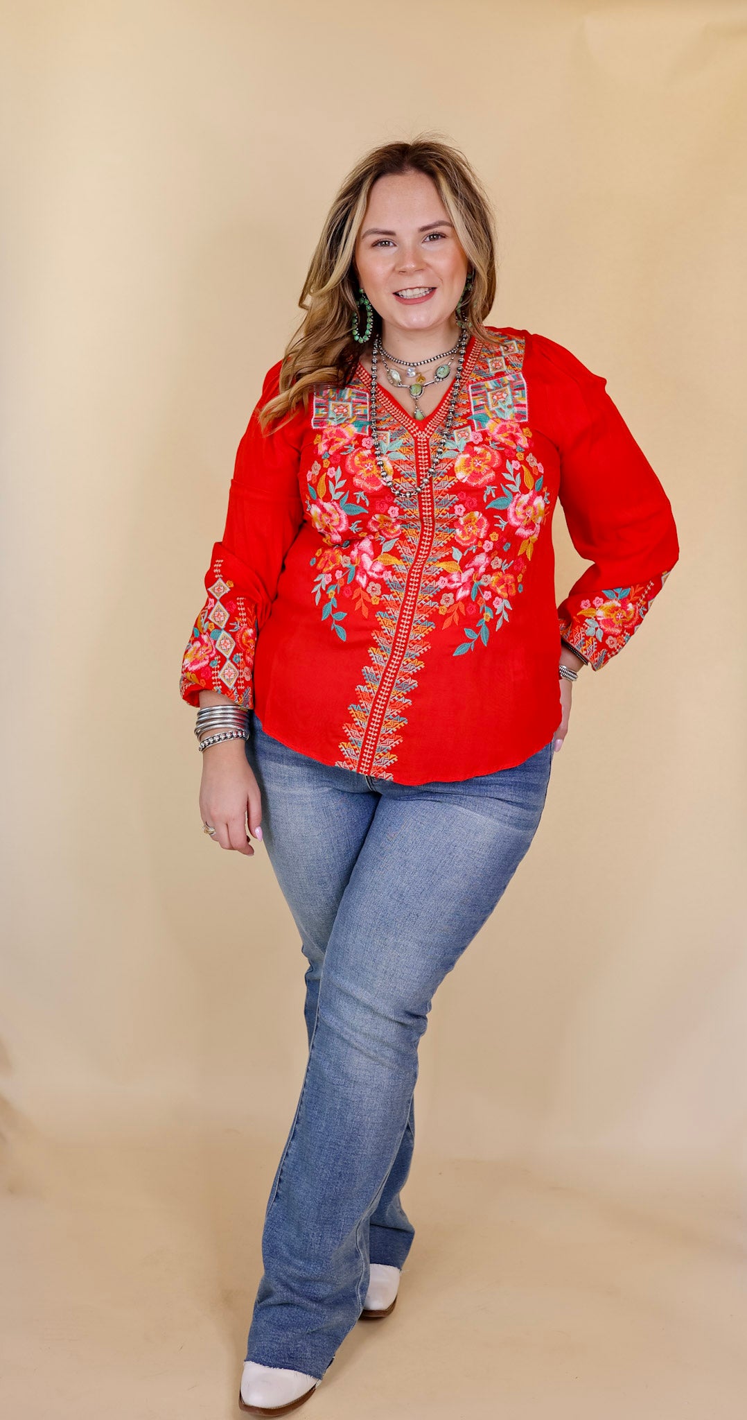 Brunch With Me Long Sleeve Embroidered Top with V Neckline in Red - Giddy Up Glamour Boutique