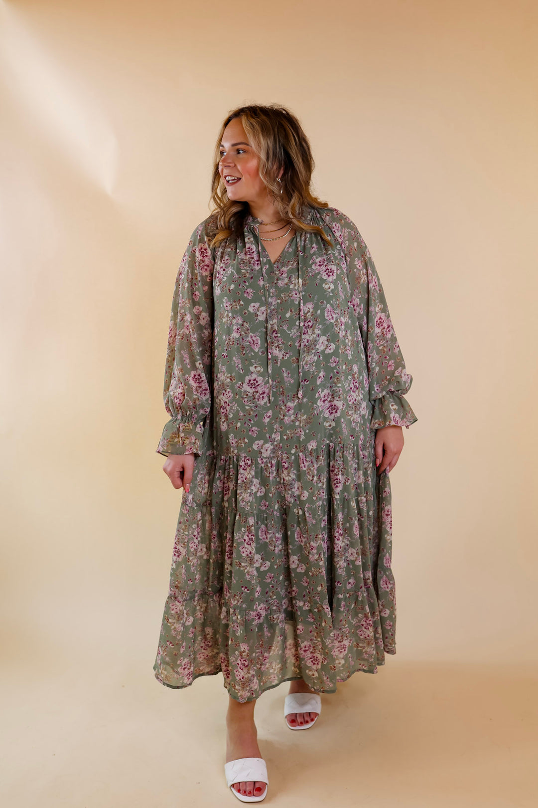 Tuscan Nights Long Sleeve High Neck Floral Midi Dress in Sage - Giddy Up Glamour Boutique