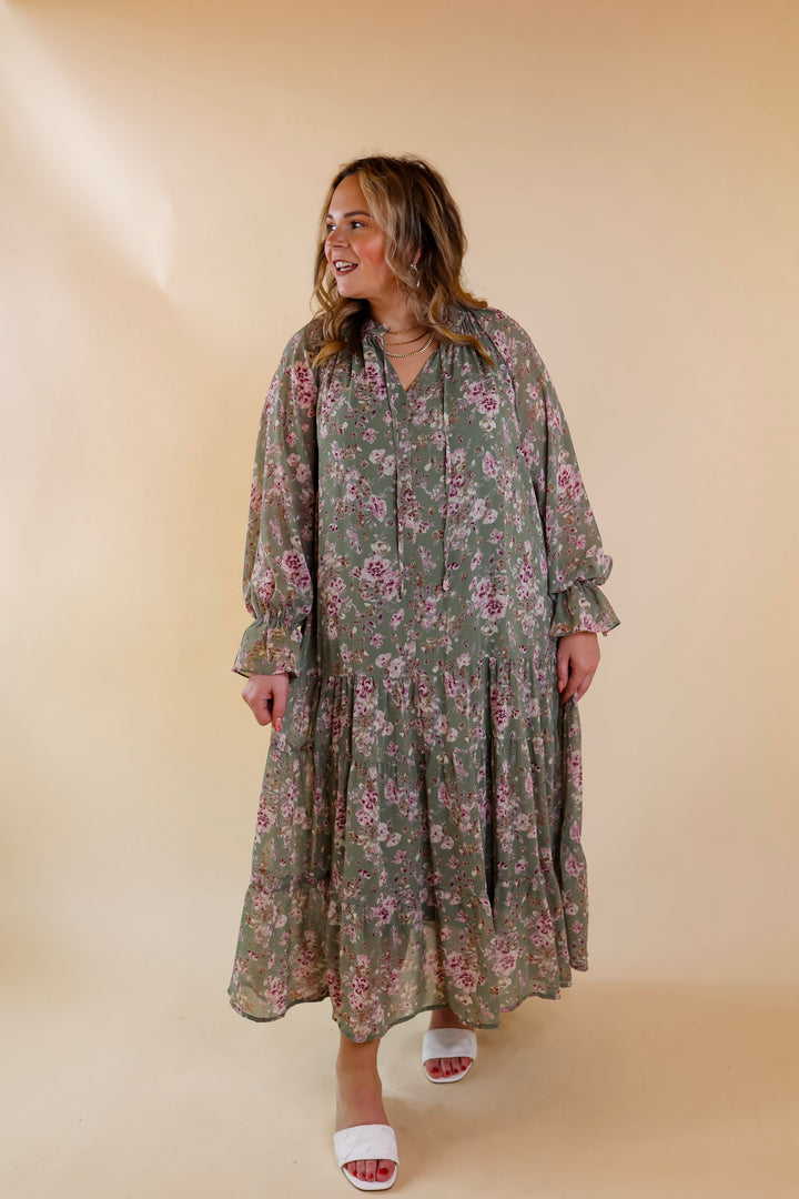 Tuscan Nights Long Sleeve High Neck Floral Midi Dress in Sage - Giddy Up Glamour Boutique