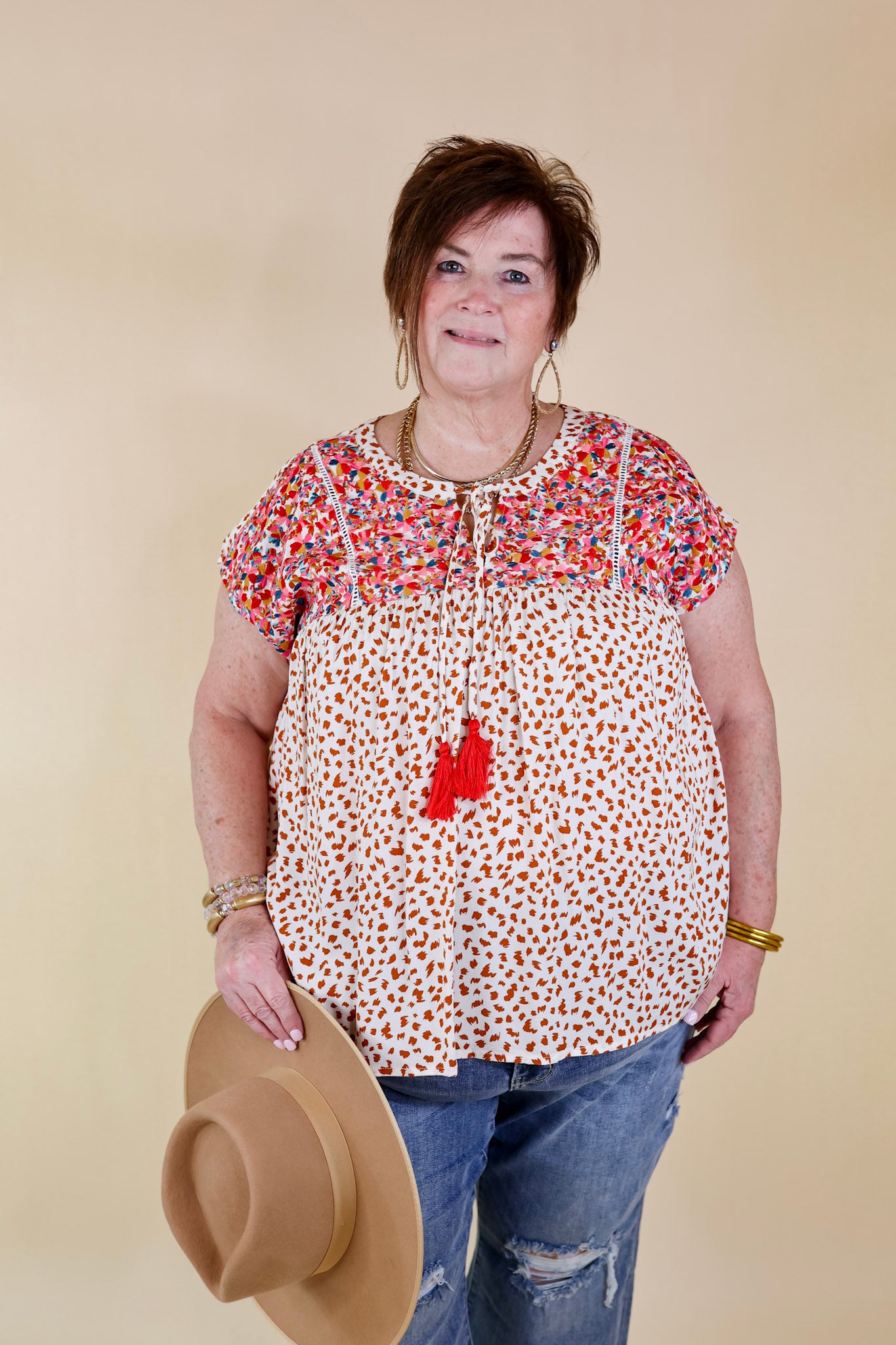Fredericksburg In the Spring Embroidered Dotted Print Top with Front Keyhole in Ivory - Giddy Up Glamour Boutique