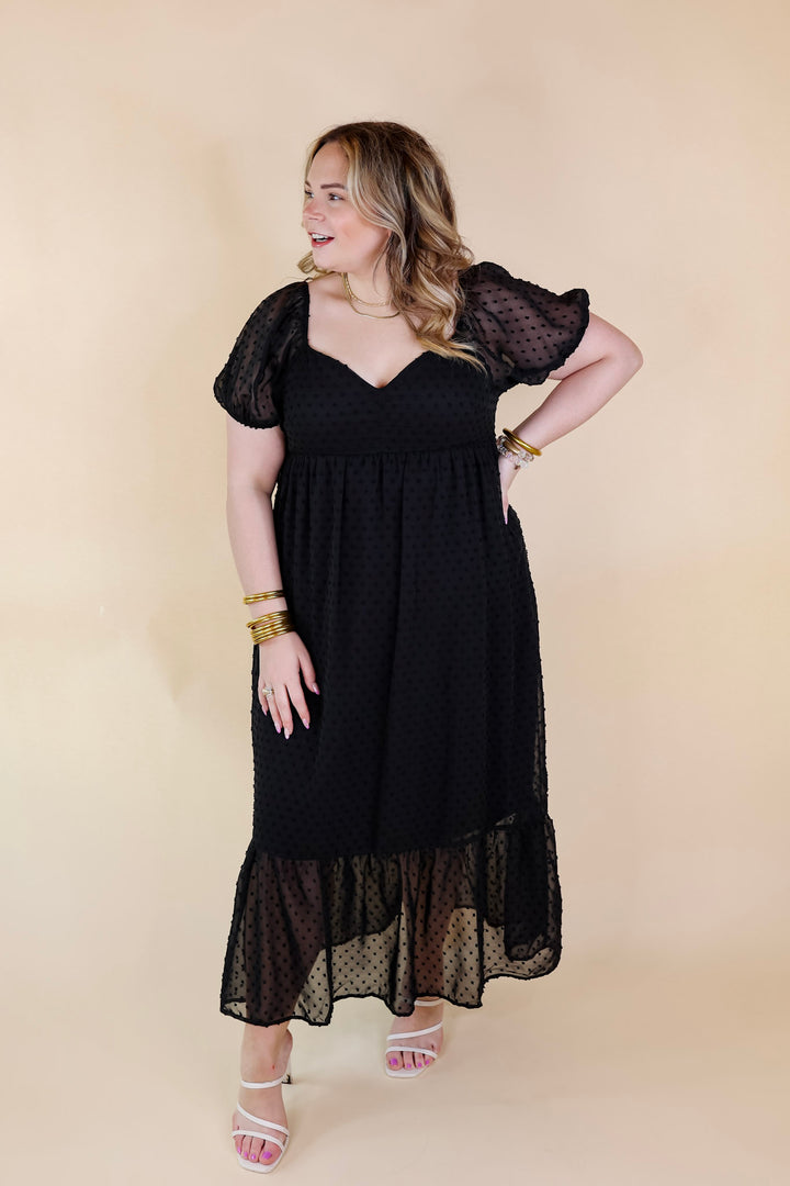 Love And Beyond Swiss Dot Short Sleeve Midi Dress in Black - Giddy Up Glamour Boutique