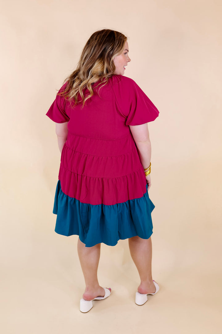 Trendy City Puff Sleeve Tiered Dress with Teal Hemline in Magenta - Giddy Up Glamour Boutique