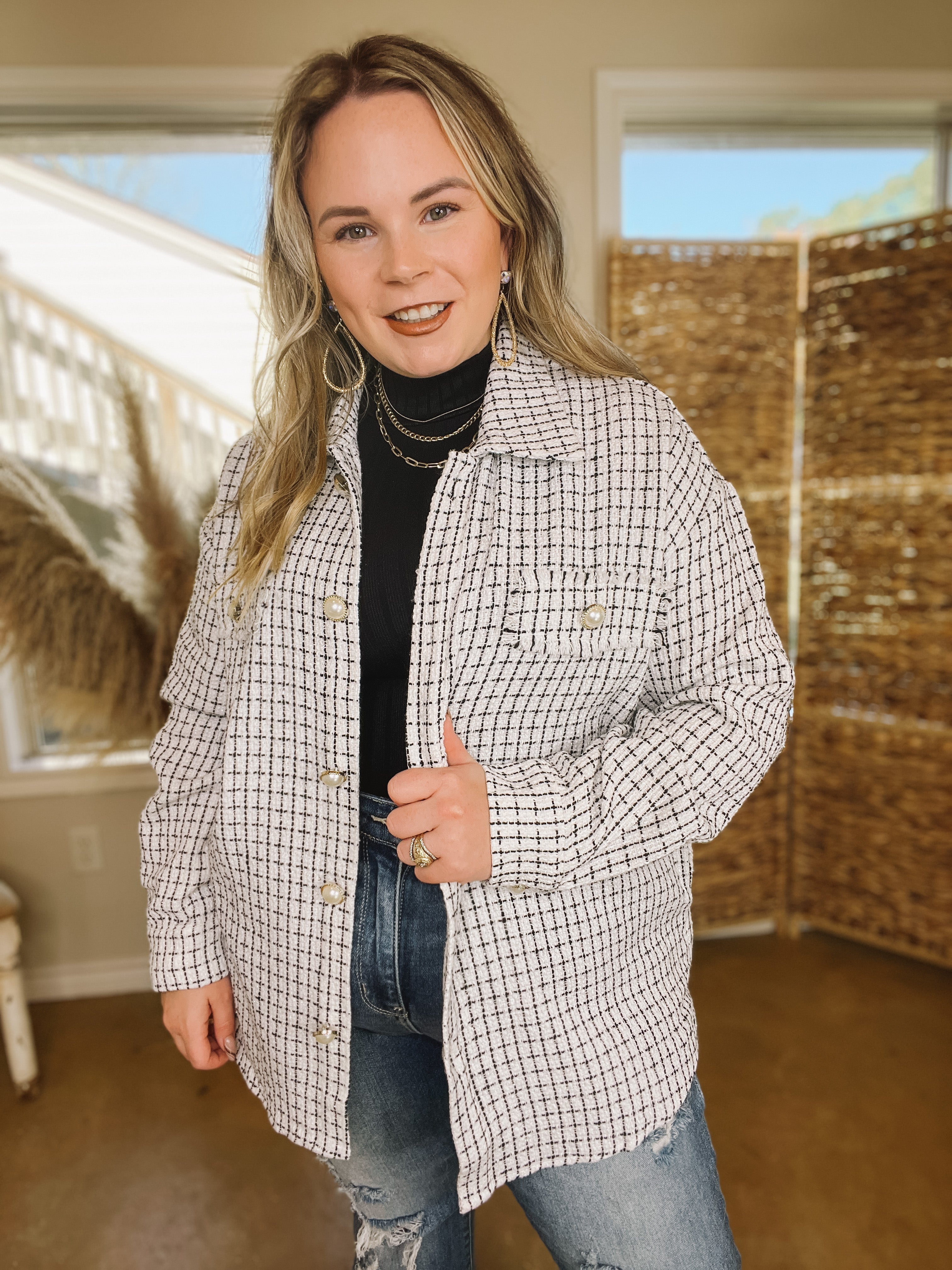 Brooklyn Buzz Pearl Button Up Tweed Shacket in White - Giddy Up Glamour Boutique