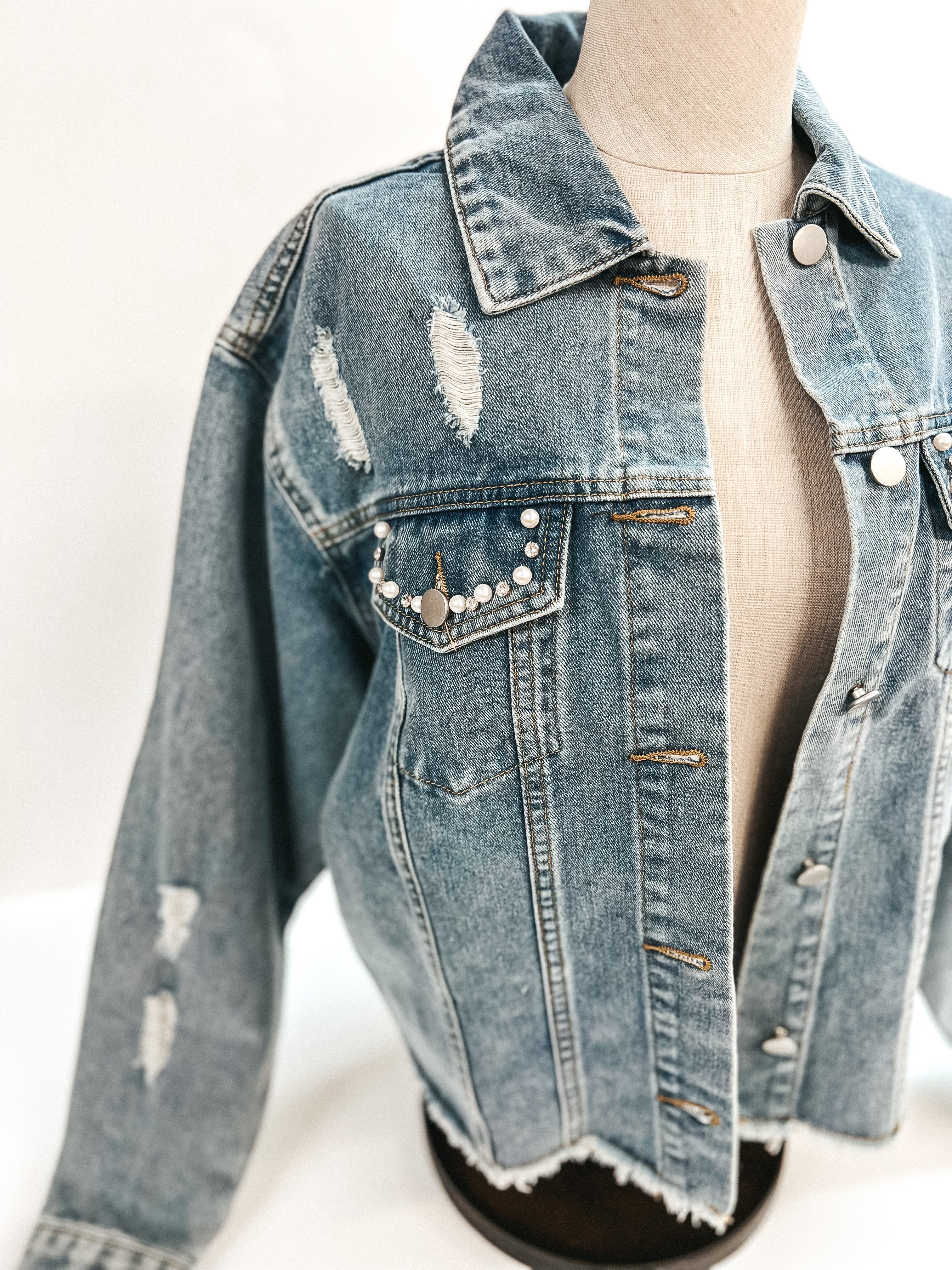 Better Than You Imagined Pearl and Crystal Beaded Denim Jacket in Medium Wash - Giddy Up Glamour Boutique