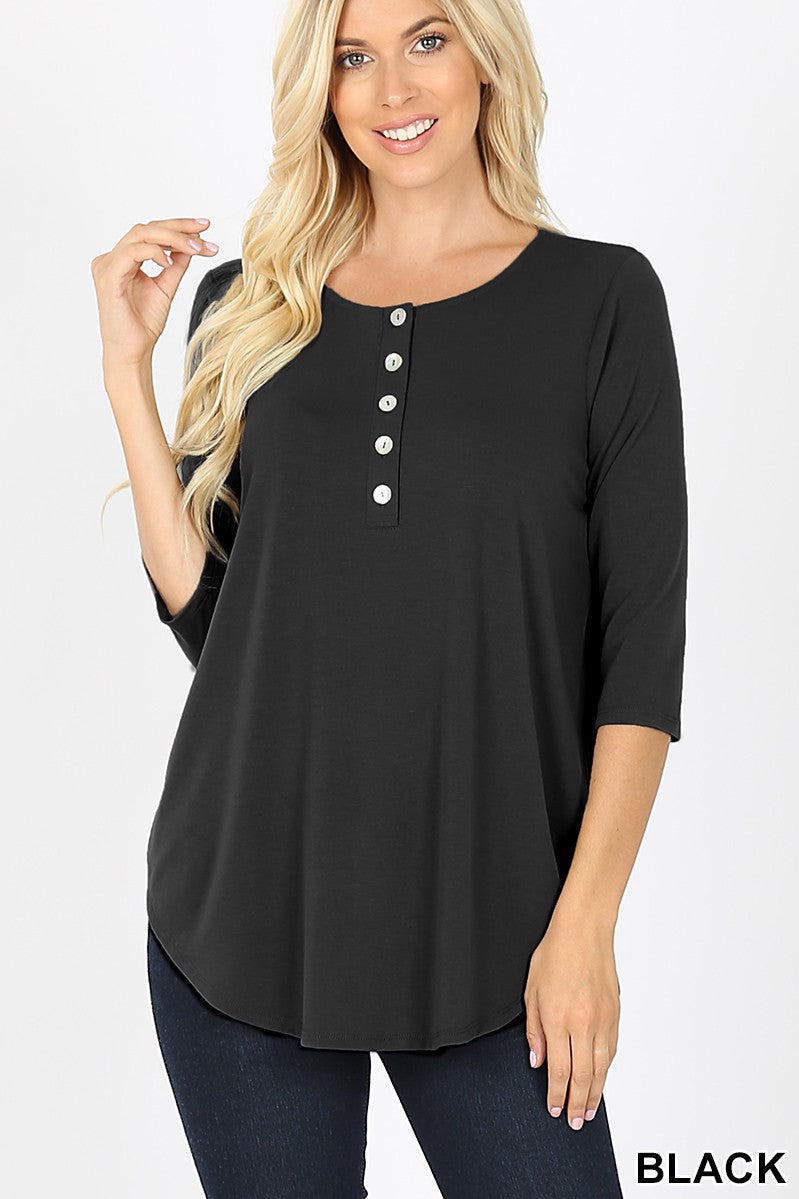 3/4 SLEEVE DOLPHIN HEM SHELL BUTTON TOP - Giddy Up Glamour Boutique