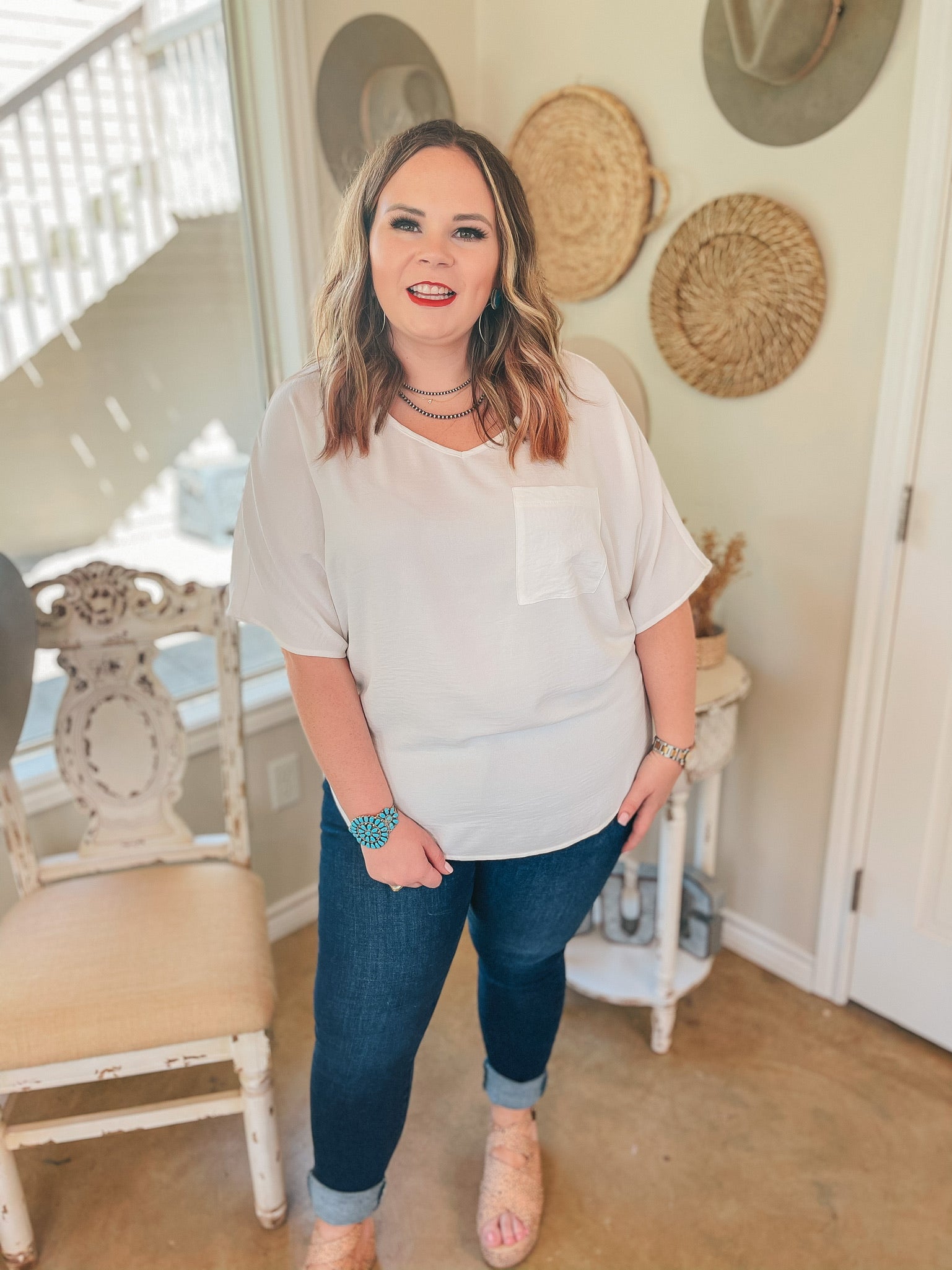 On Record V Neck Short Sleeve Shift Top with Front Pocket in Ivory - Giddy Up Glamour Boutique