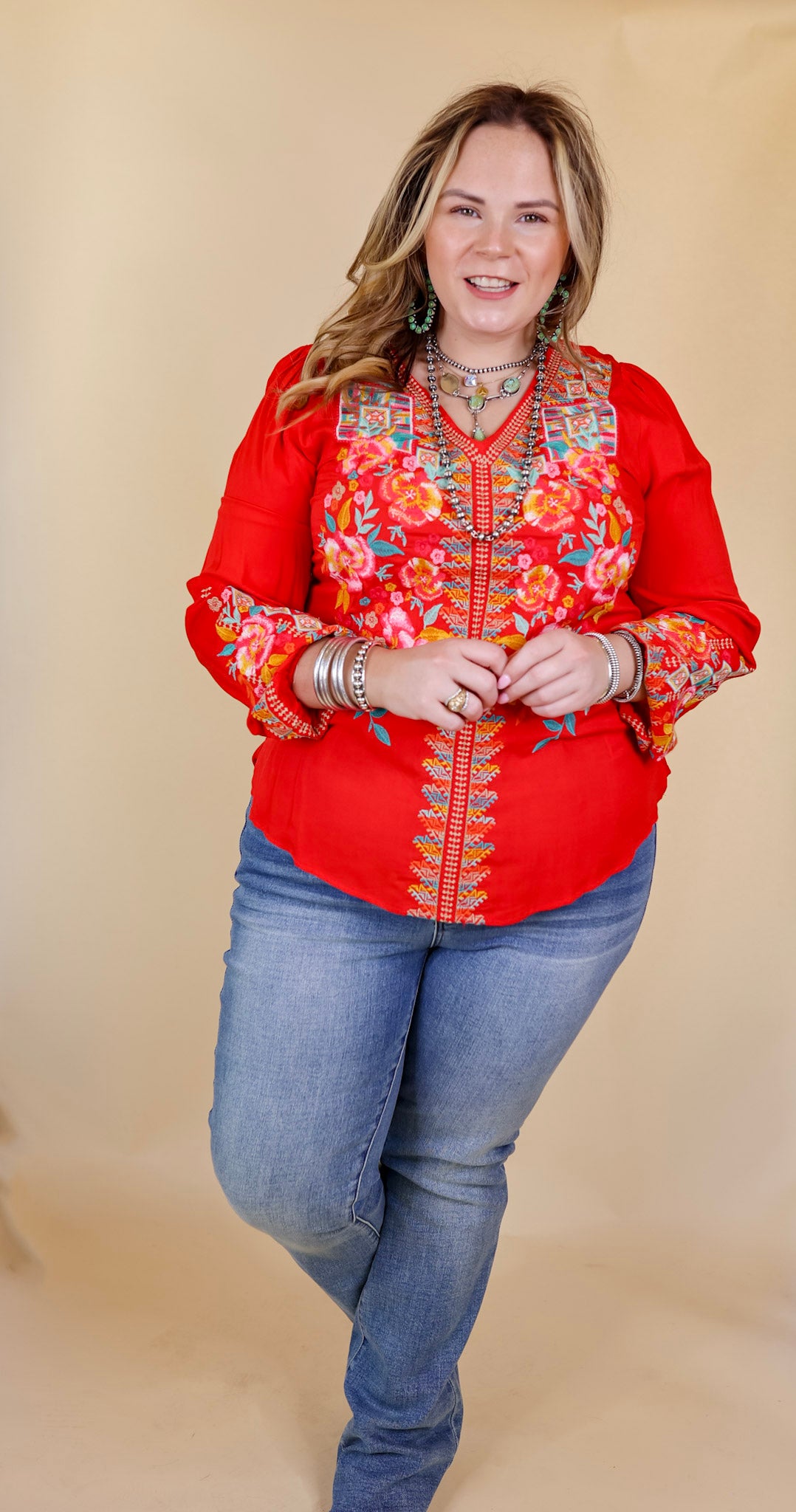 Brunch With Me Long Sleeve Embroidered Top with V Neckline in Red - Giddy Up Glamour Boutique