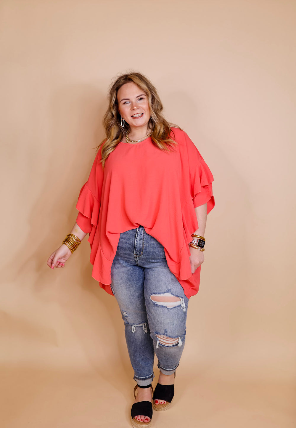 Plus Sizes | Sip of Spring Ruffle Sleeve Shift Top with V Neckline in Coral Pink - Giddy Up Glamour Boutique