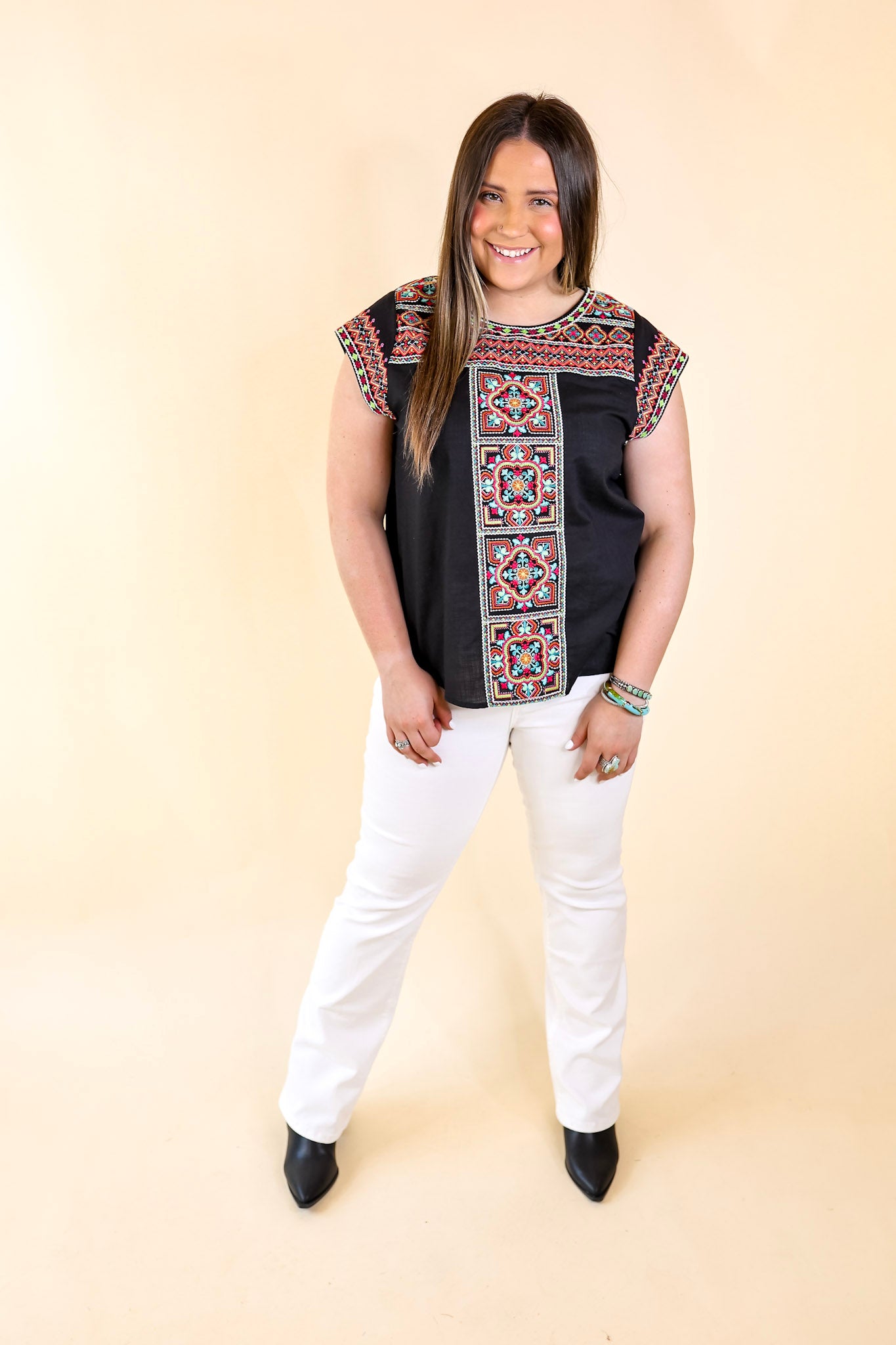 Take A Trip Multi Color Embroidered Cap Sleeve Top in Black - Giddy Up Glamour Boutique