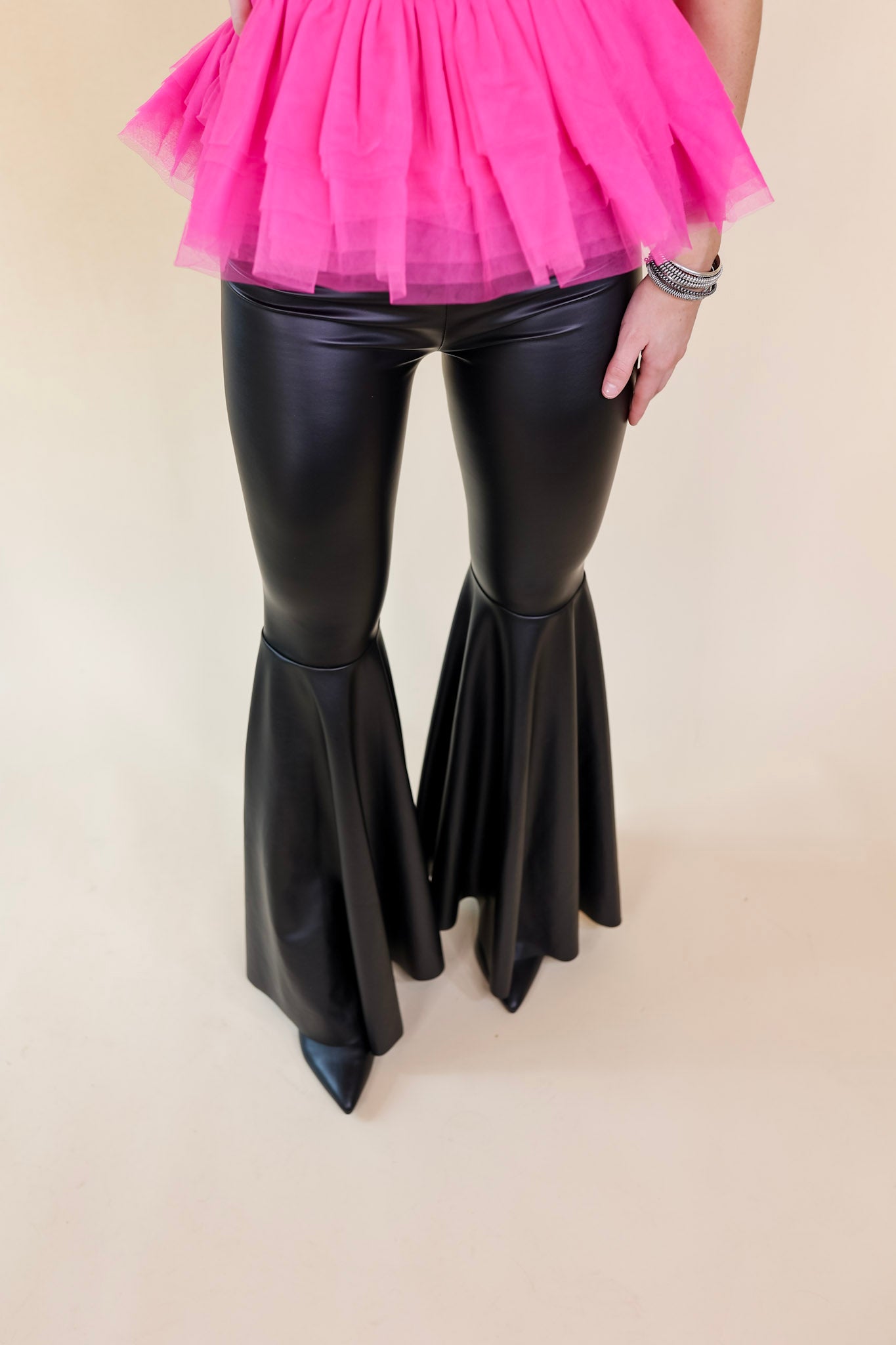 Nearly Famous Faux Leather Bell Bottom Pants in Black