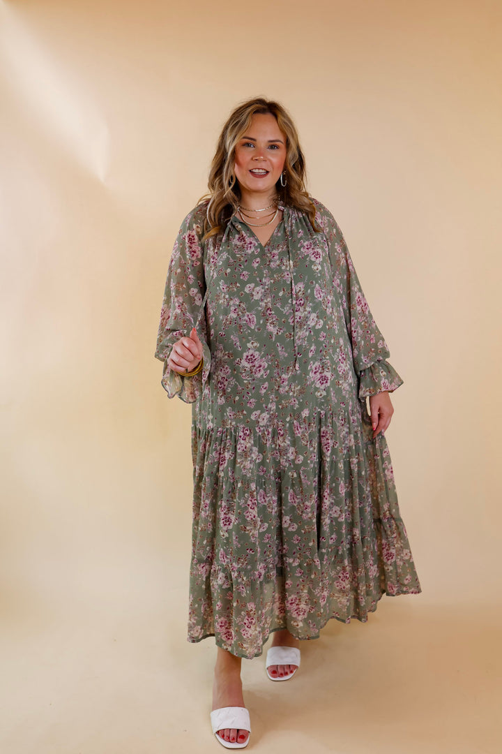 Tuscan Nights Long Sleeve High Neck Floral Midi Dress in Sage - Giddy Up Glamour Boutique