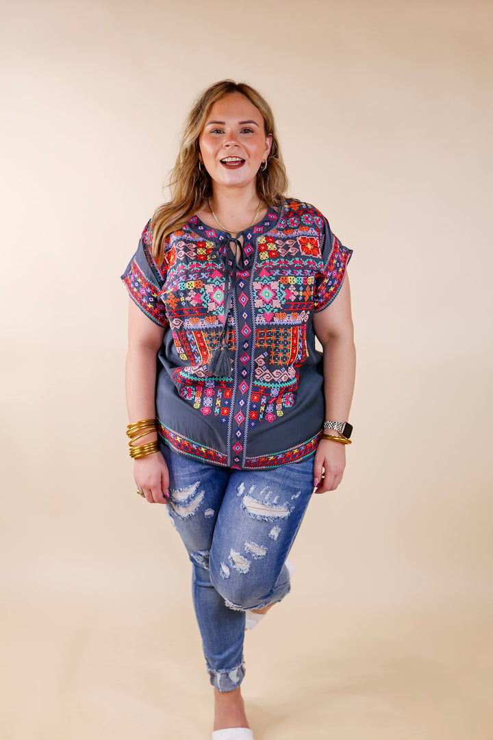 Thrill Me Colorful Embroidered Front Keyhole Top in Grey - Giddy Up Glamour Boutique