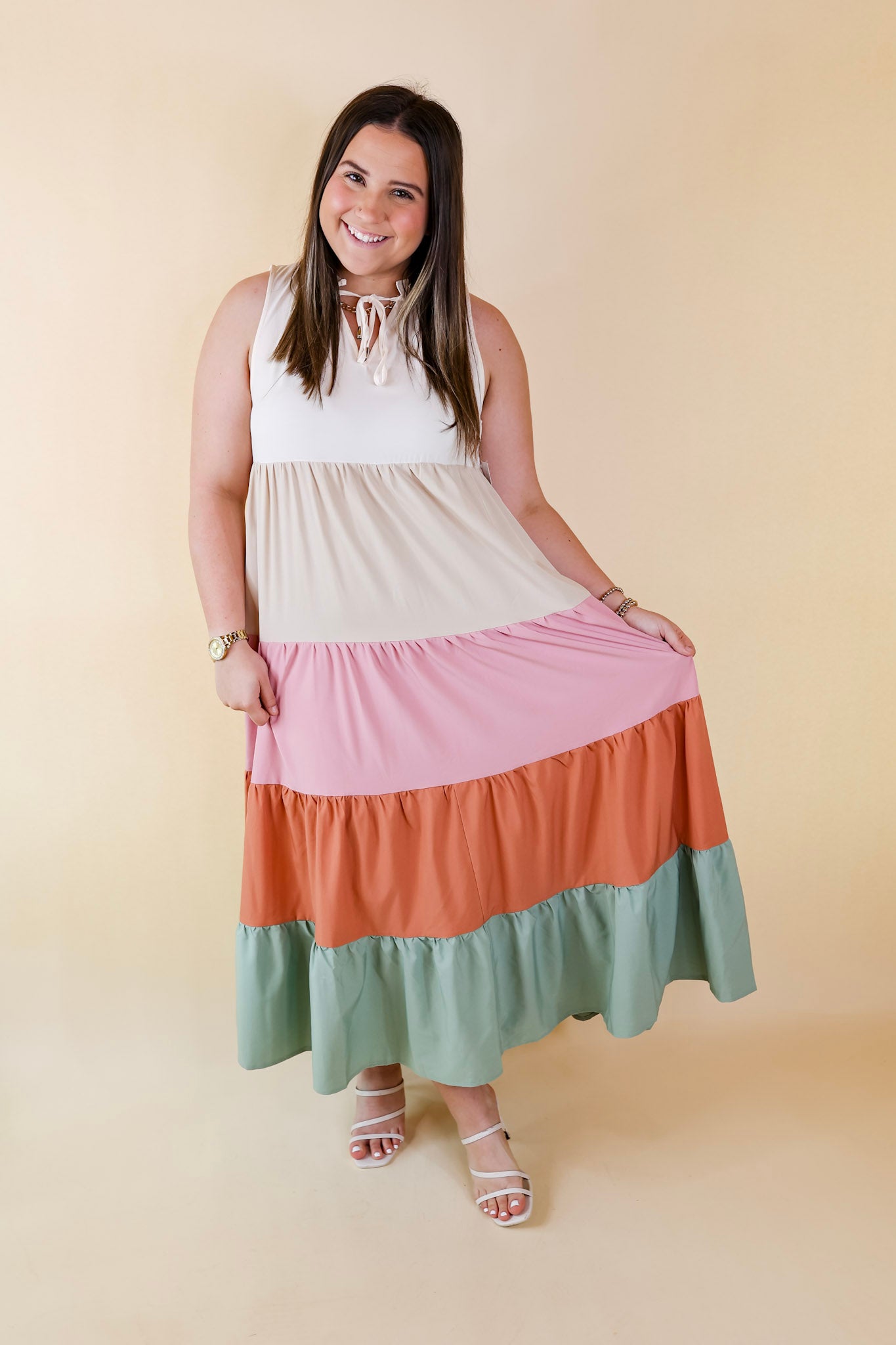 Calm Waters High Neck Tiered Maxi Dress in Cream Mix - Giddy Up Glamour Boutique
