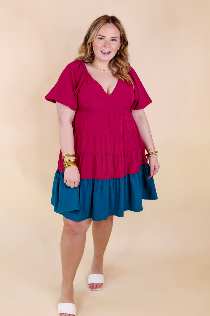 Trendy City Puff Sleeve Tiered Dress with Teal Hemline in Magenta - Giddy Up Glamour Boutique