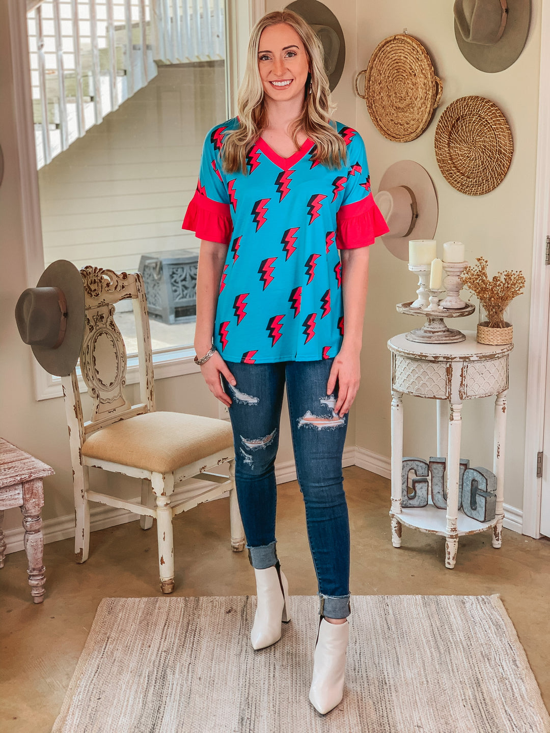 Last Chance Size S, M, & L | Saved By the Bell Fuchsia Lightning Bolt V Neck Top with Ruffle Sleeves in Turquoise - Giddy Up Glamour Boutique