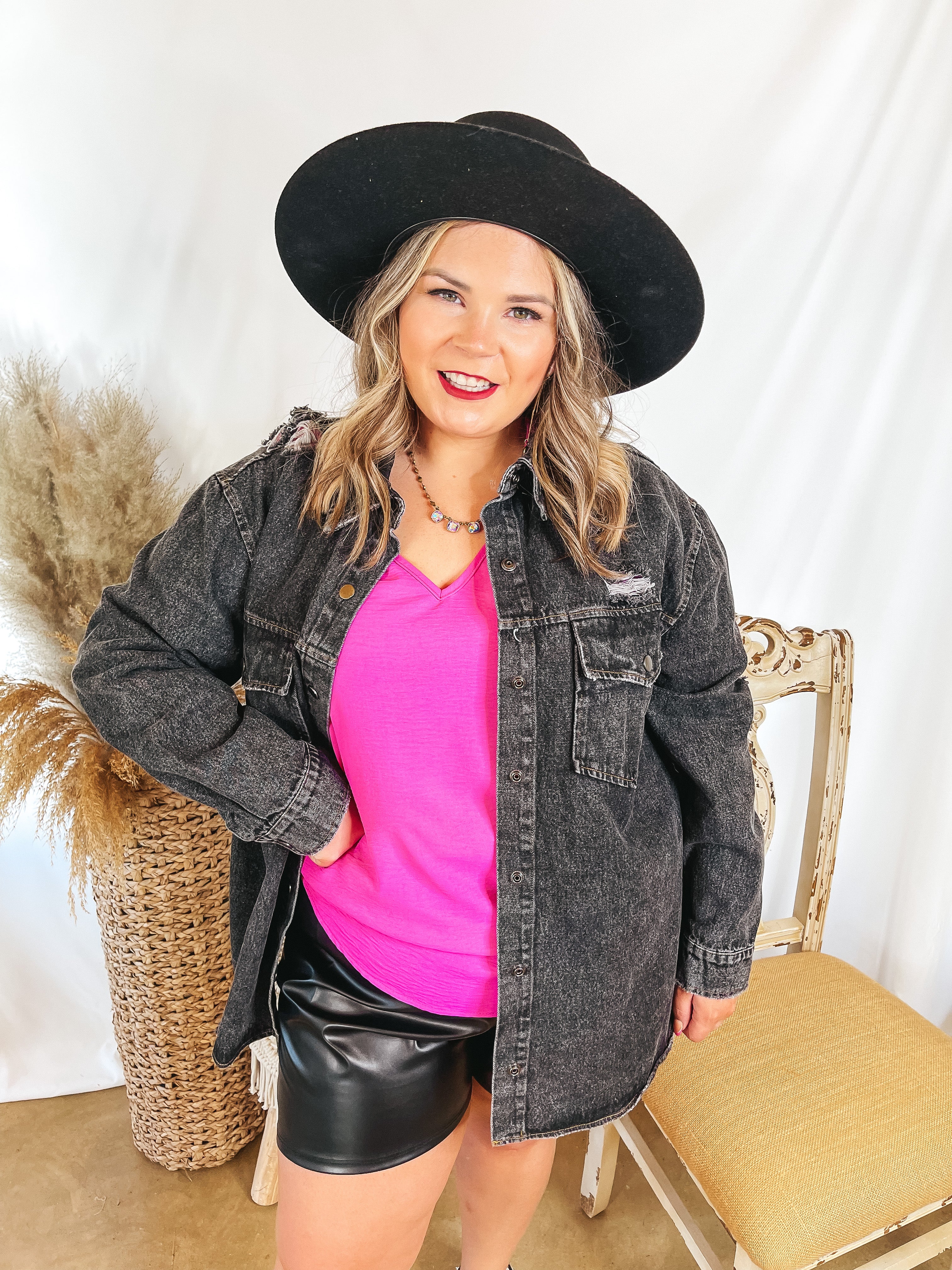 Wish and Wander Distressed Denim Button Up Shacket in Black - Giddy Up Glamour Boutique
