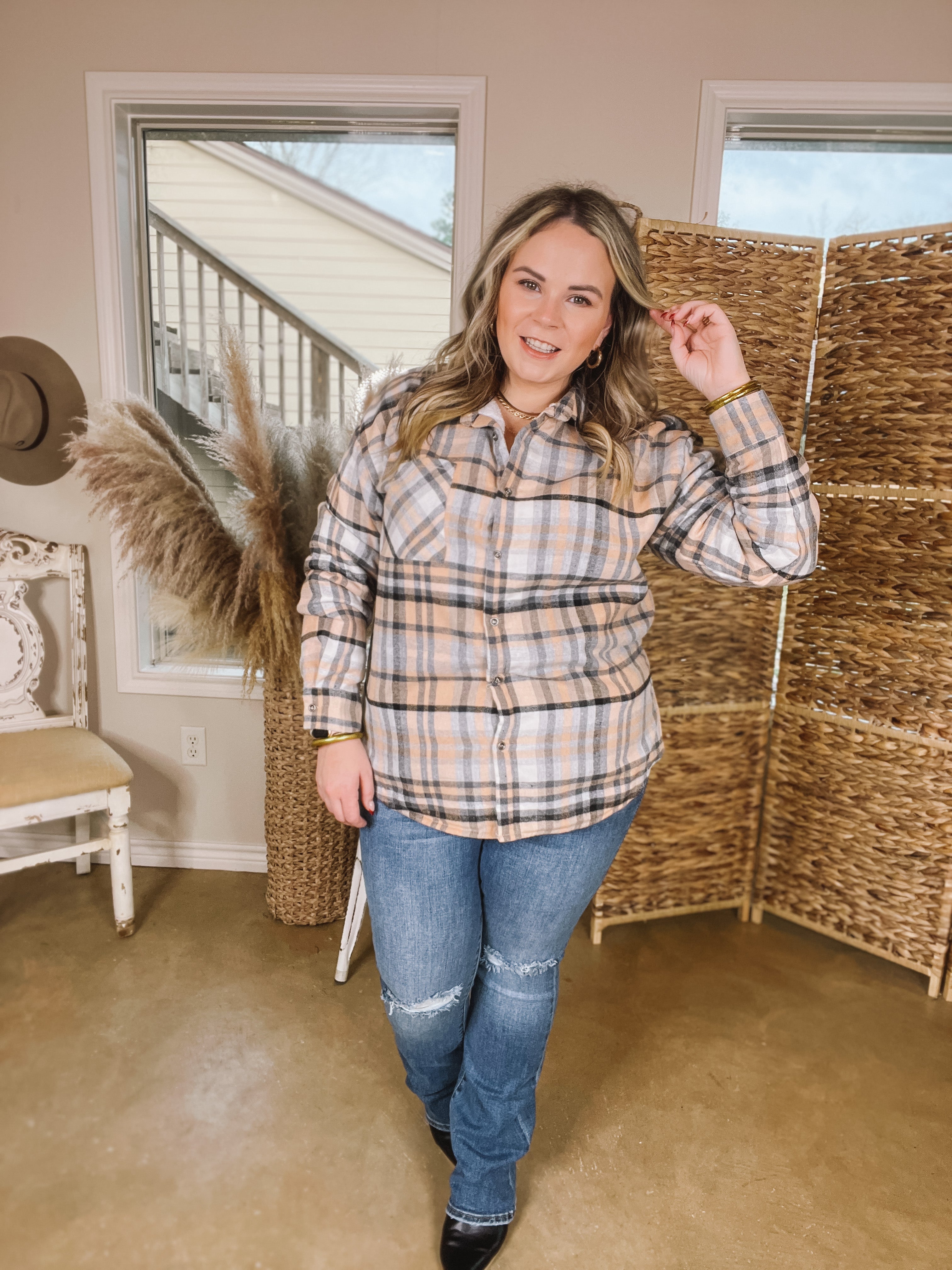 Soft and Dreamy Fur Lined Plaid Flannel Shacket in Black and Nude - Giddy Up Glamour Boutique