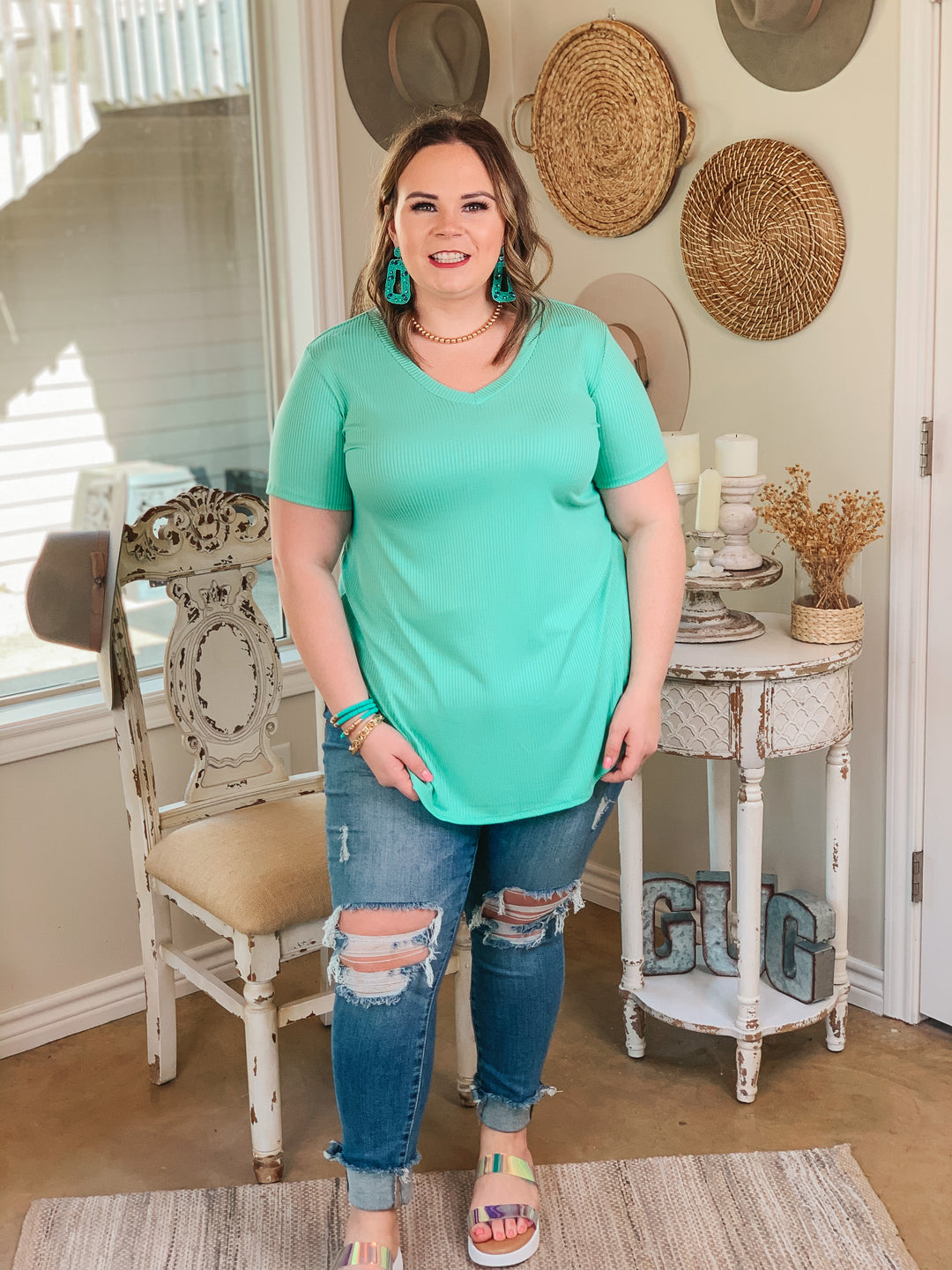 Simply Obsessed Ribbed Short Sleeve V Neck Top in Mint - Giddy Up Glamour Boutique