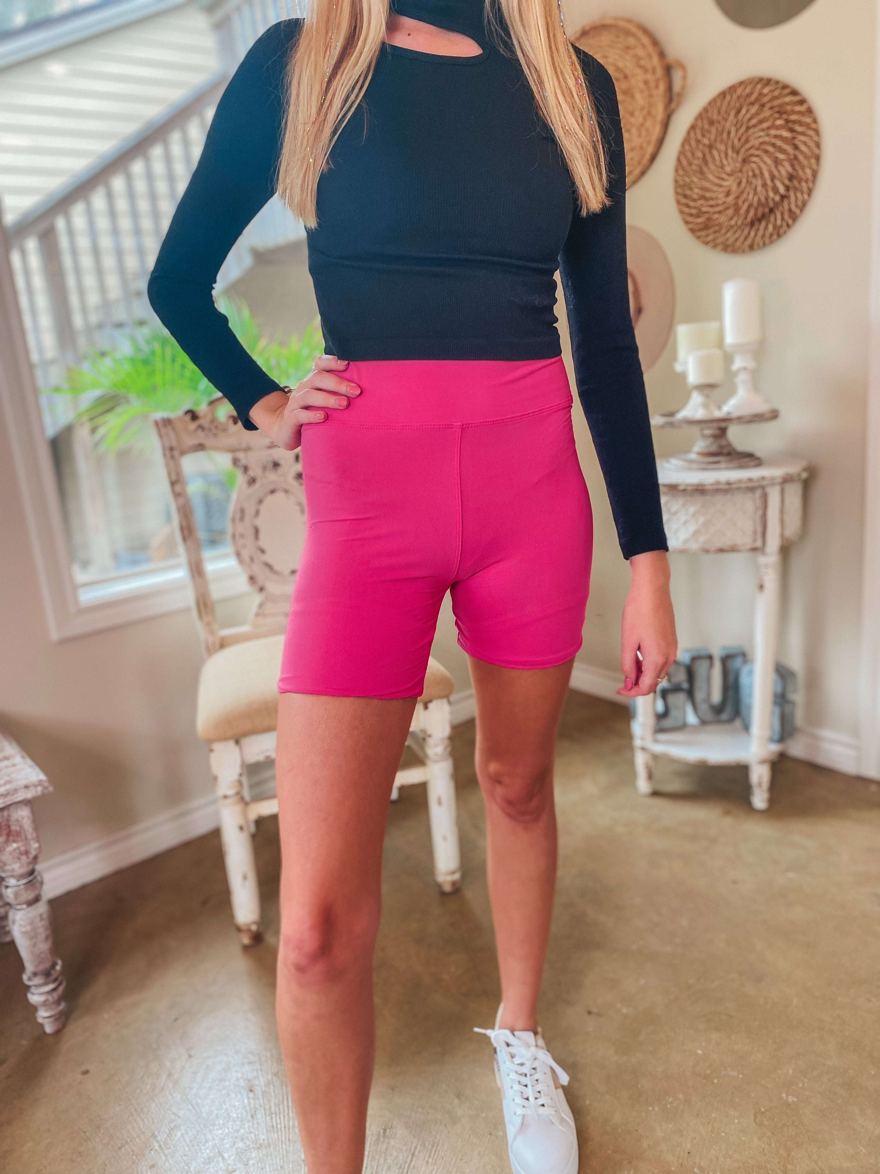 Finish Strong High Waist Biker Shorts in Pink - Giddy Up Glamour Boutique