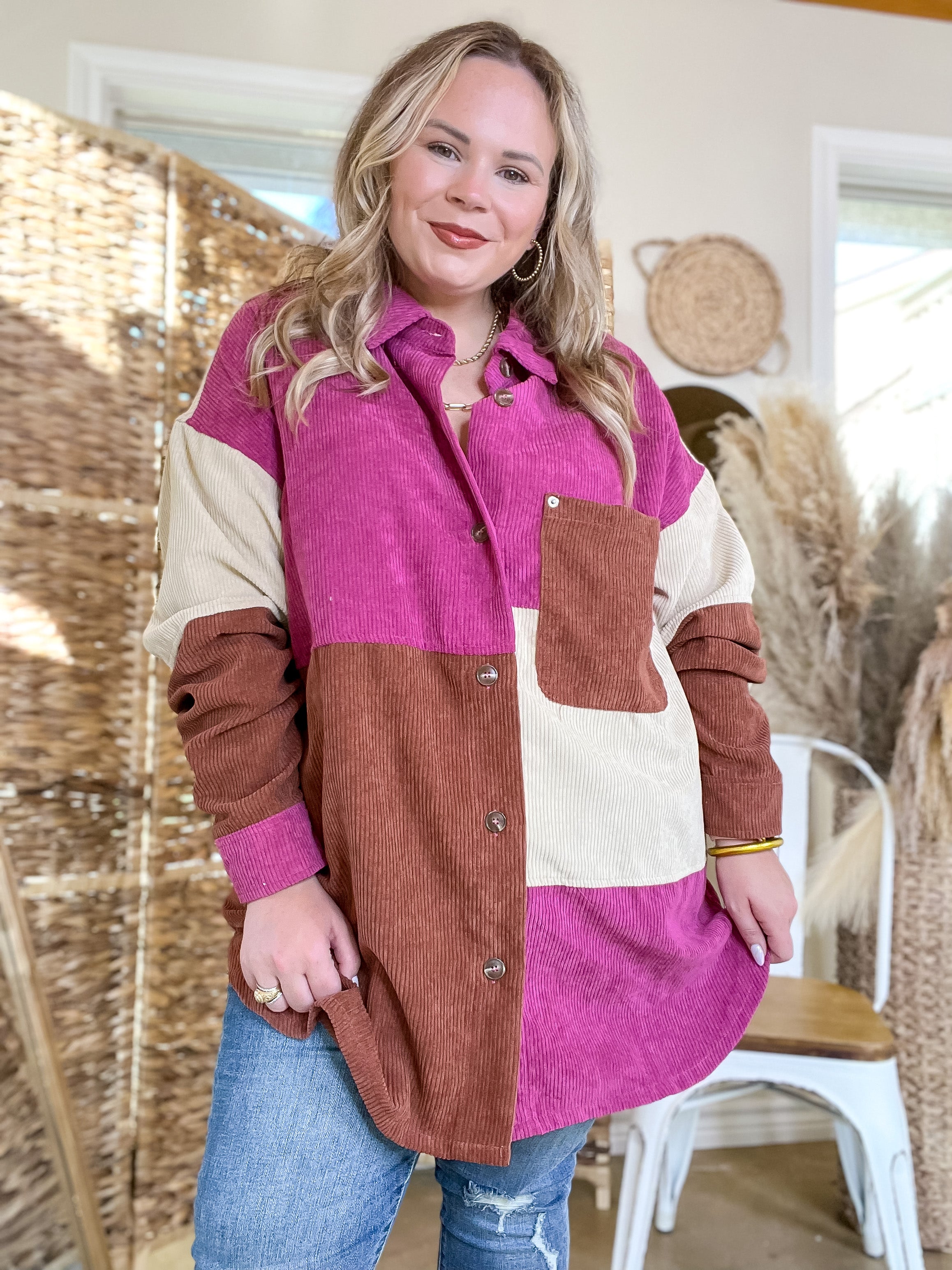 Casual Cuddles Color Block Corduroy Shacket in Magenta Mix - Giddy Up Glamour Boutique