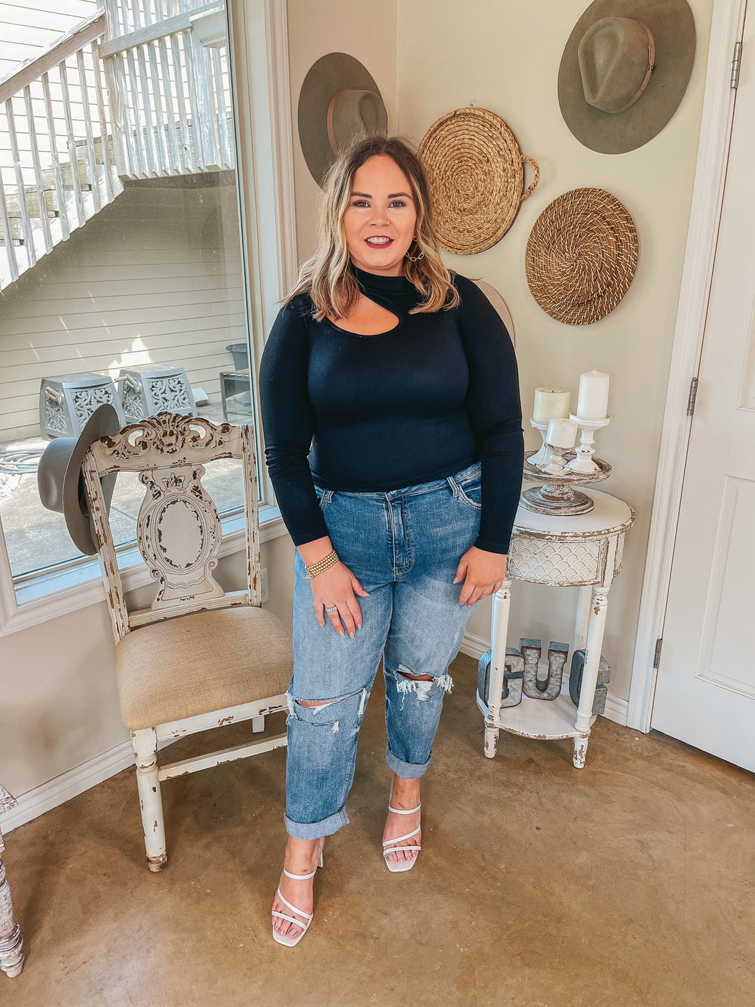 Day Glow Mockneck Cut Out Long Sleeve Crop Top in Black - Giddy Up Glamour Boutique