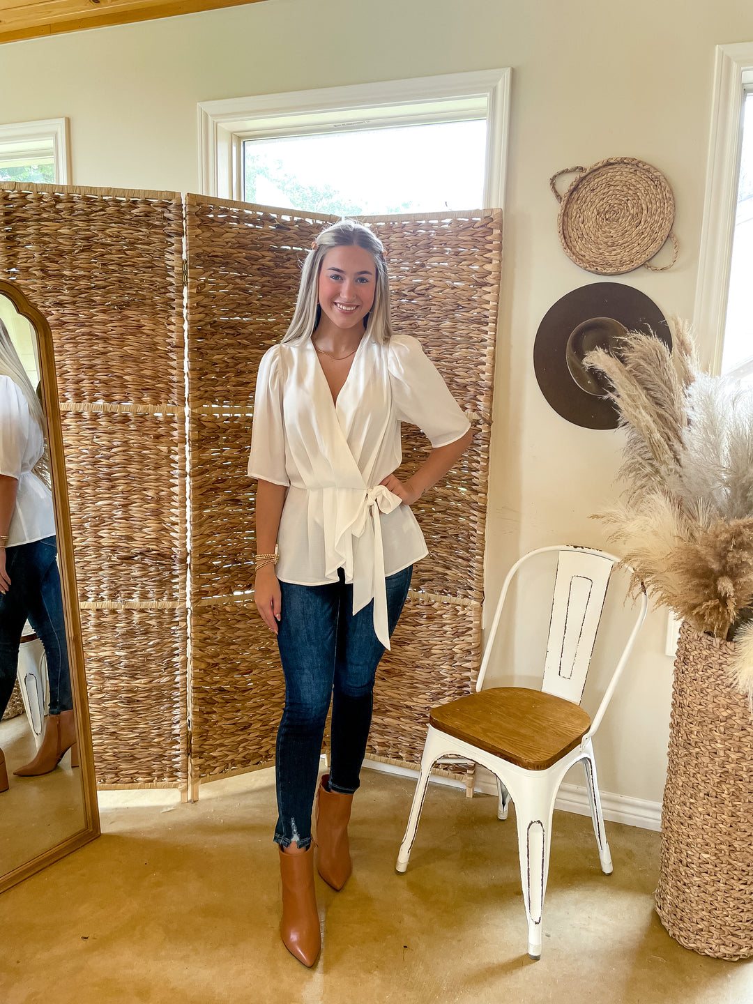 Feeling Fancy Wrap Top with Waist Tie in White - Giddy Up Glamour Boutique